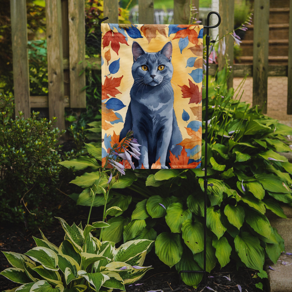 Chartreux Cat in Fall Leaves Garden Flag
