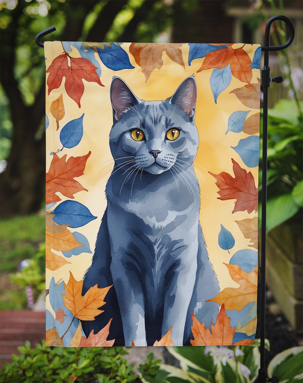 Chartreux Cat in Fall Leaves Garden Flag