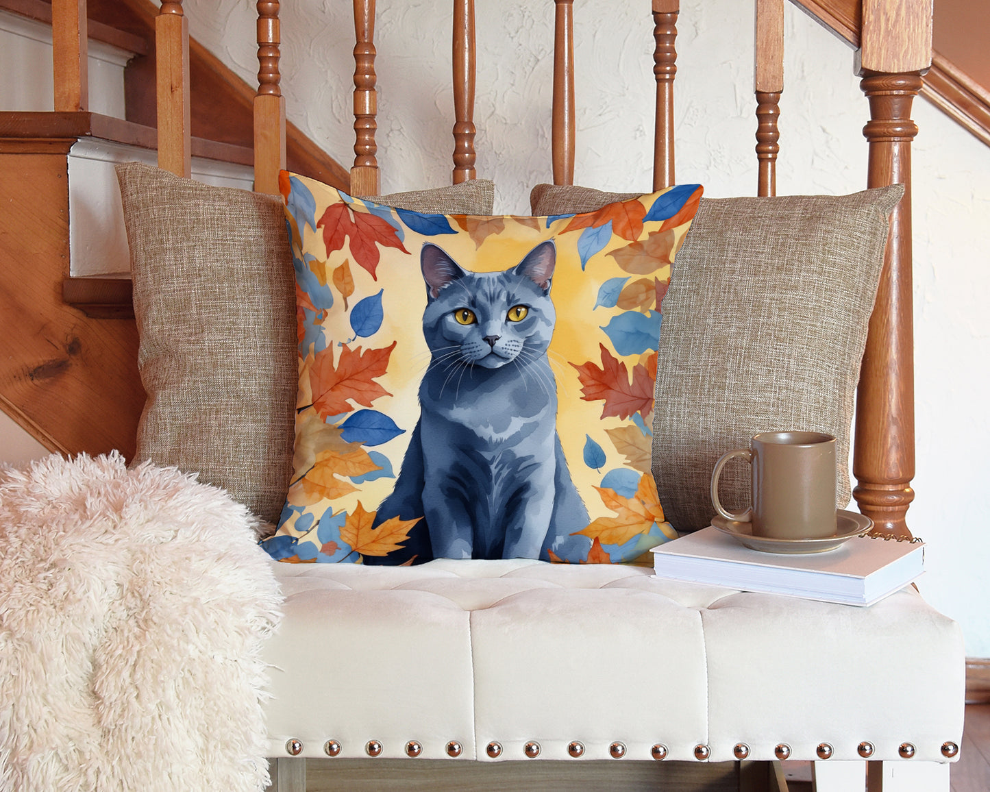 Chartreux Cat in Fall Leaves Throw Pillow