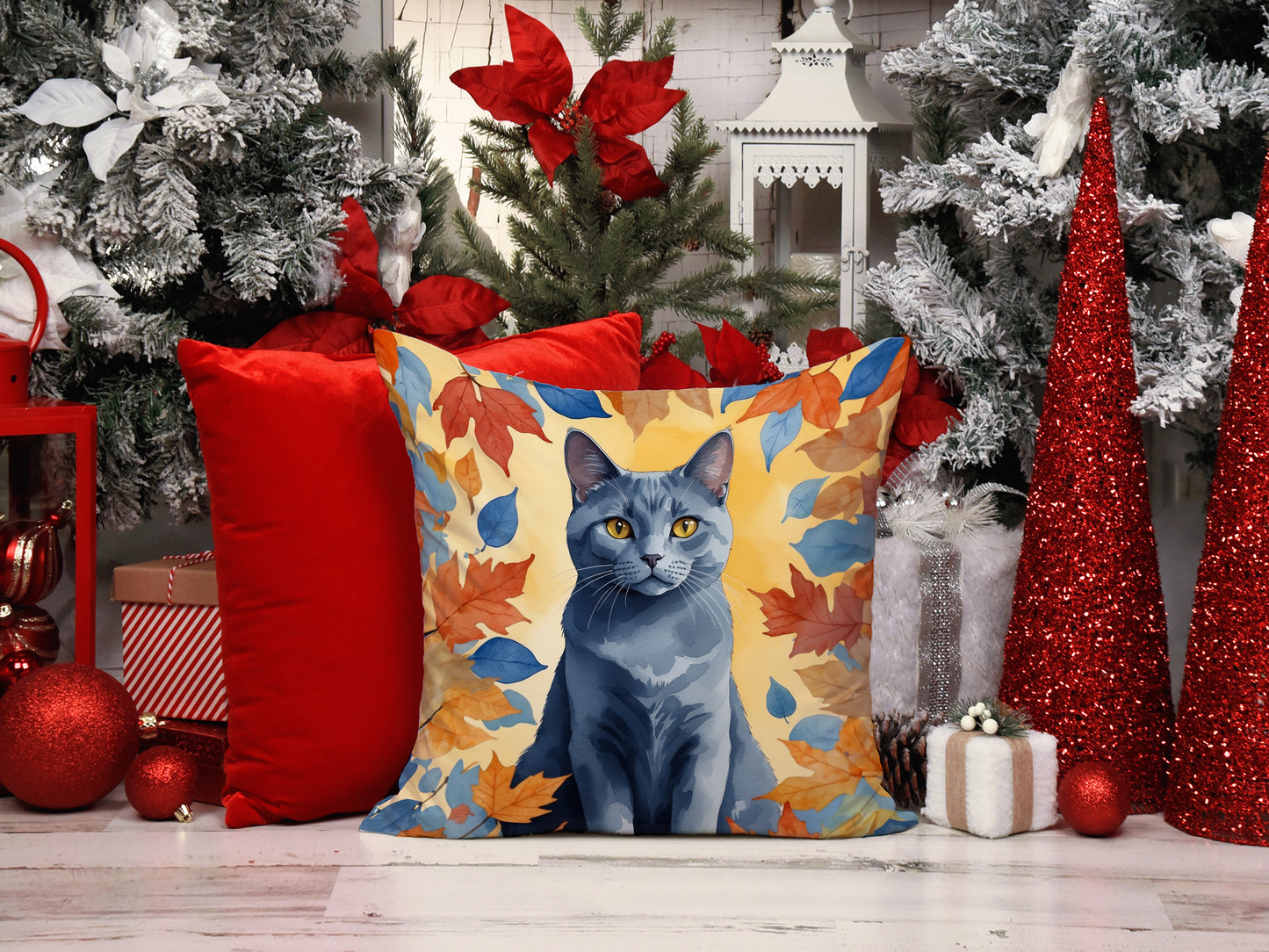 Chartreux Cat in Fall Leaves Throw Pillow