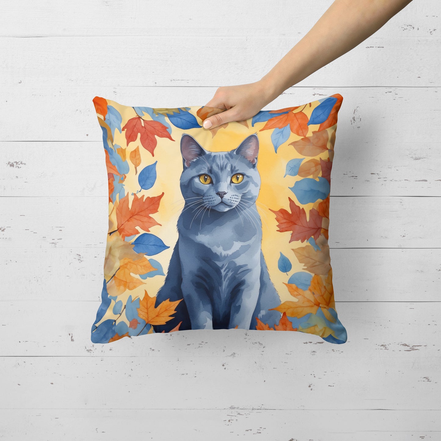 Chartreux Cat in Fall Leaves Throw Pillow