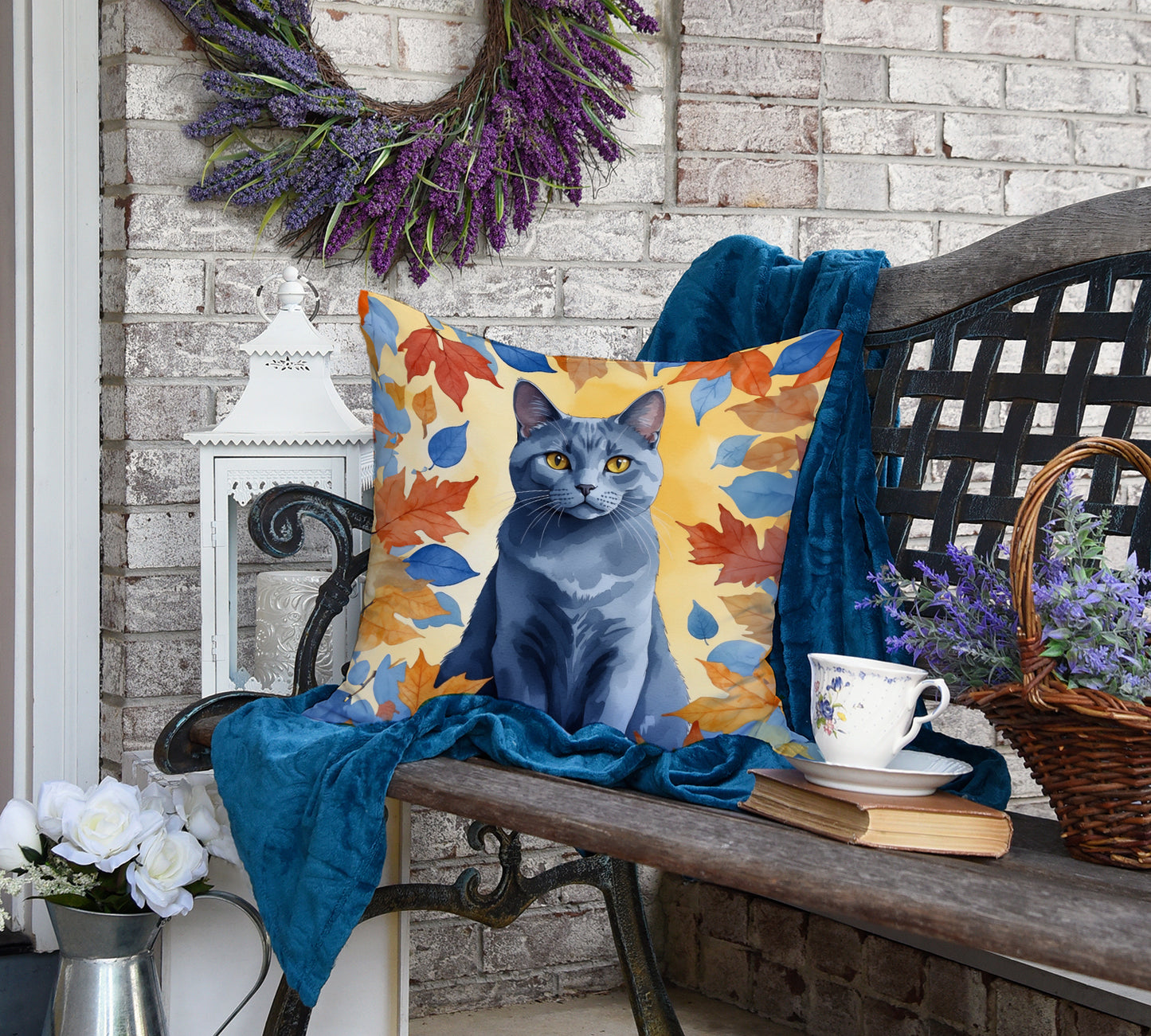 Chartreux Cat in Fall Leaves Throw Pillow