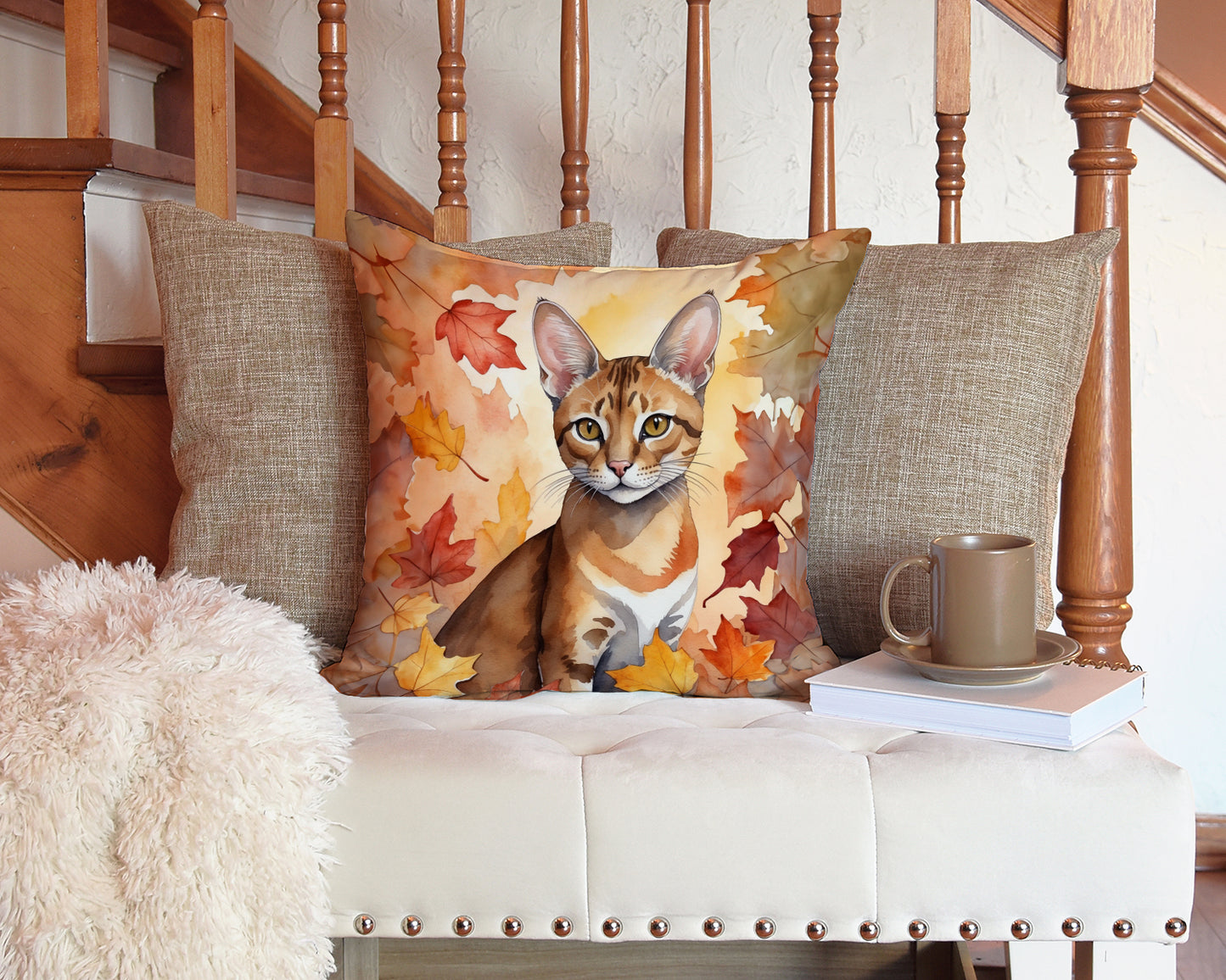 Chausie Cat in Fall Leaves Throw Pillow