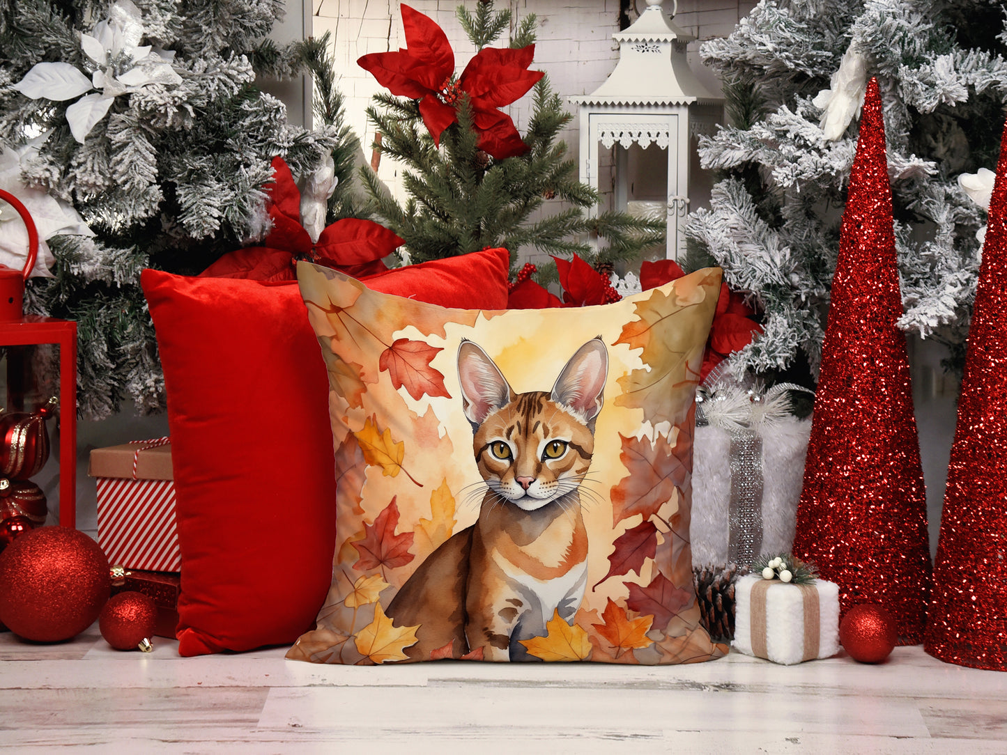 Chausie Cat in Fall Leaves Throw Pillow