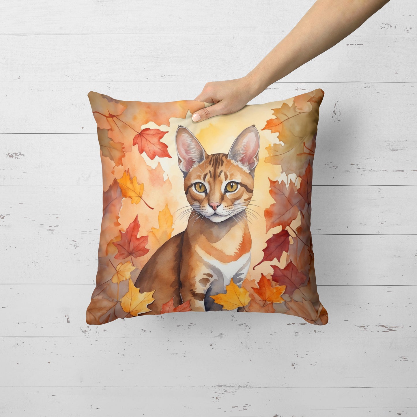 Chausie Cat in Fall Leaves Throw Pillow