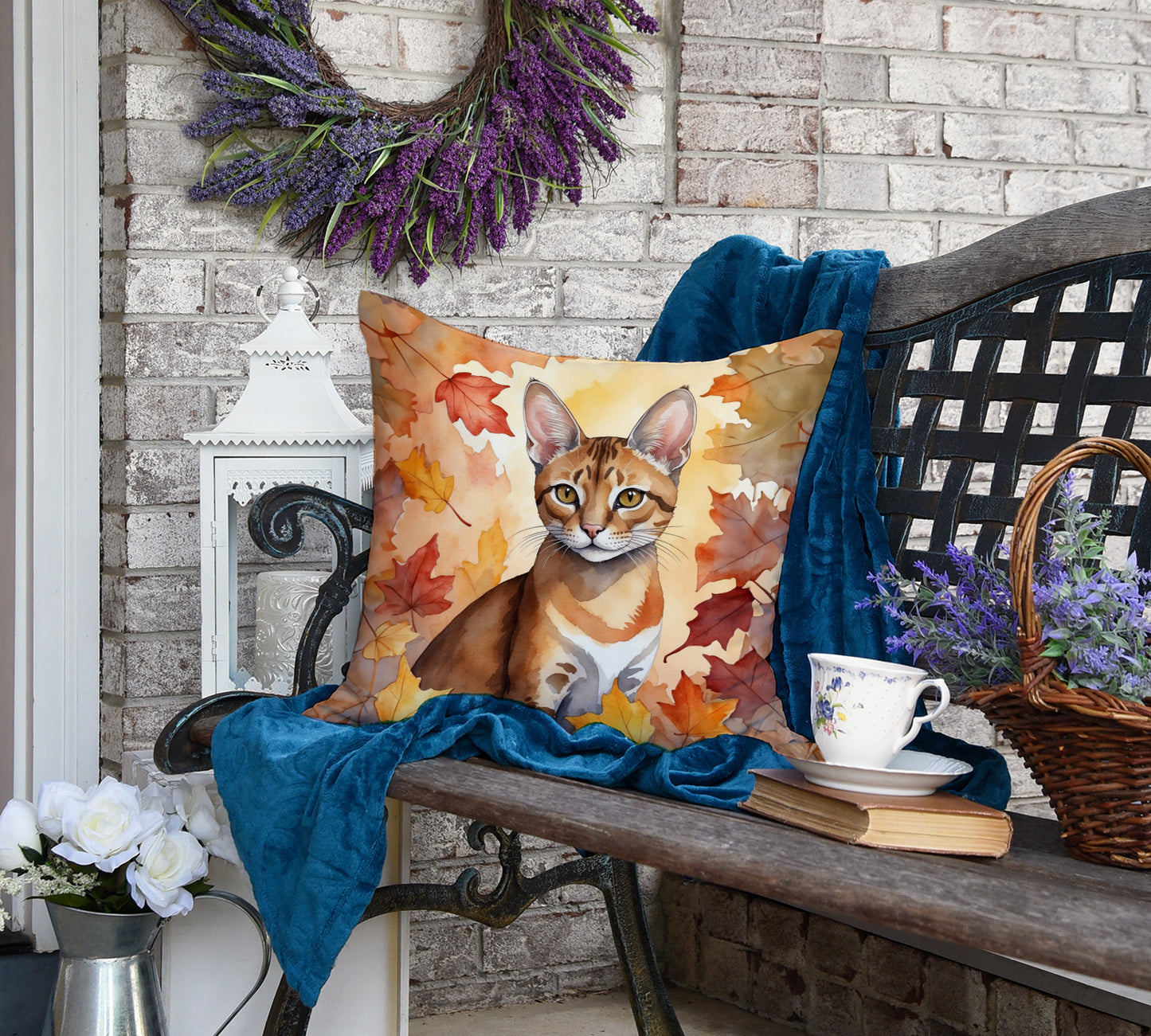 Chausie Cat in Fall Leaves Throw Pillow