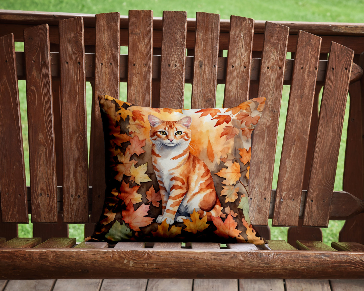 Cheetoh Cat in Fall Leaves Throw Pillow