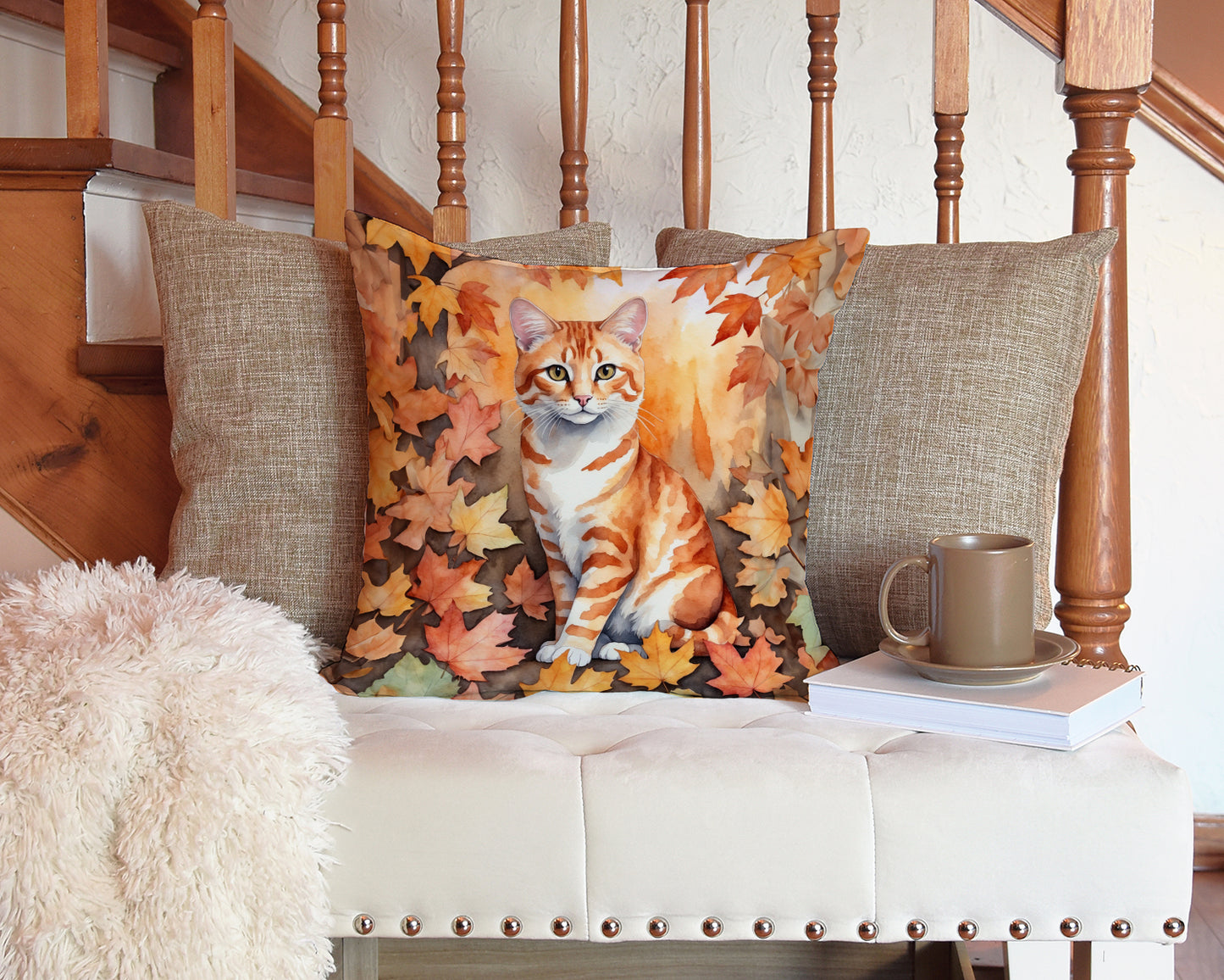 Cheetoh Cat in Fall Leaves Throw Pillow