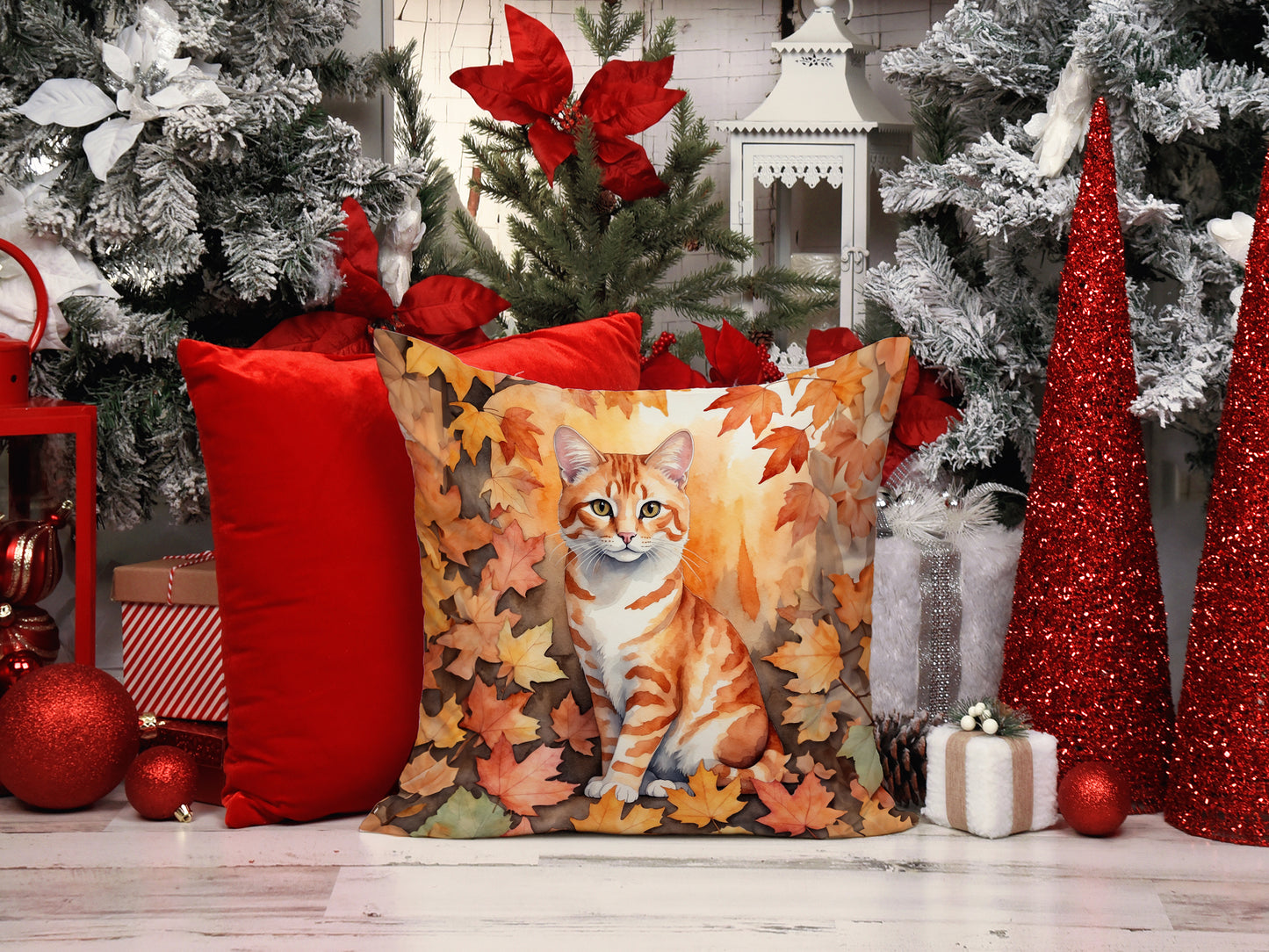 Cheetoh Cat in Fall Leaves Throw Pillow