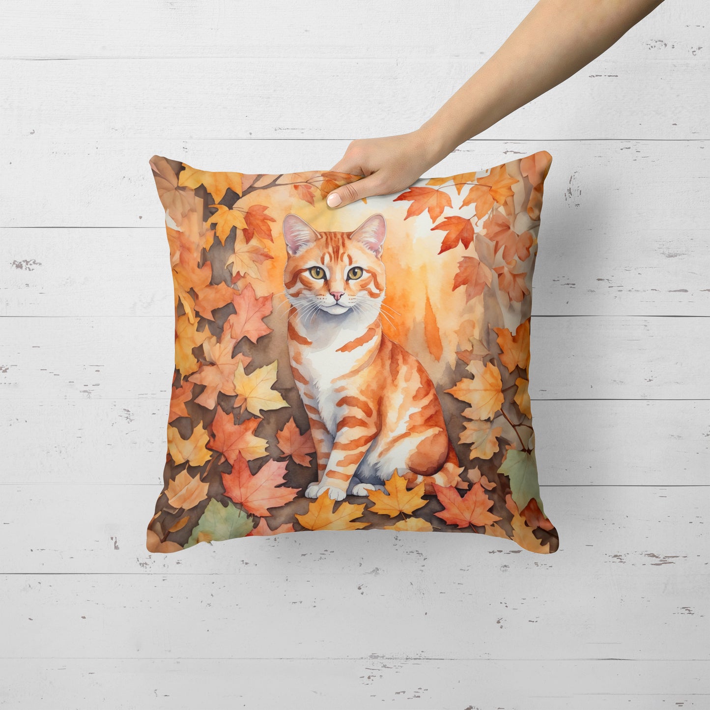 Cheetoh Cat in Fall Leaves Throw Pillow