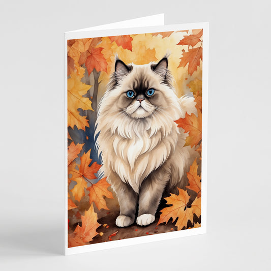 Buy this Colorpoint Longhair Cat in Fall Leaves Greeting Cards Pack of 8