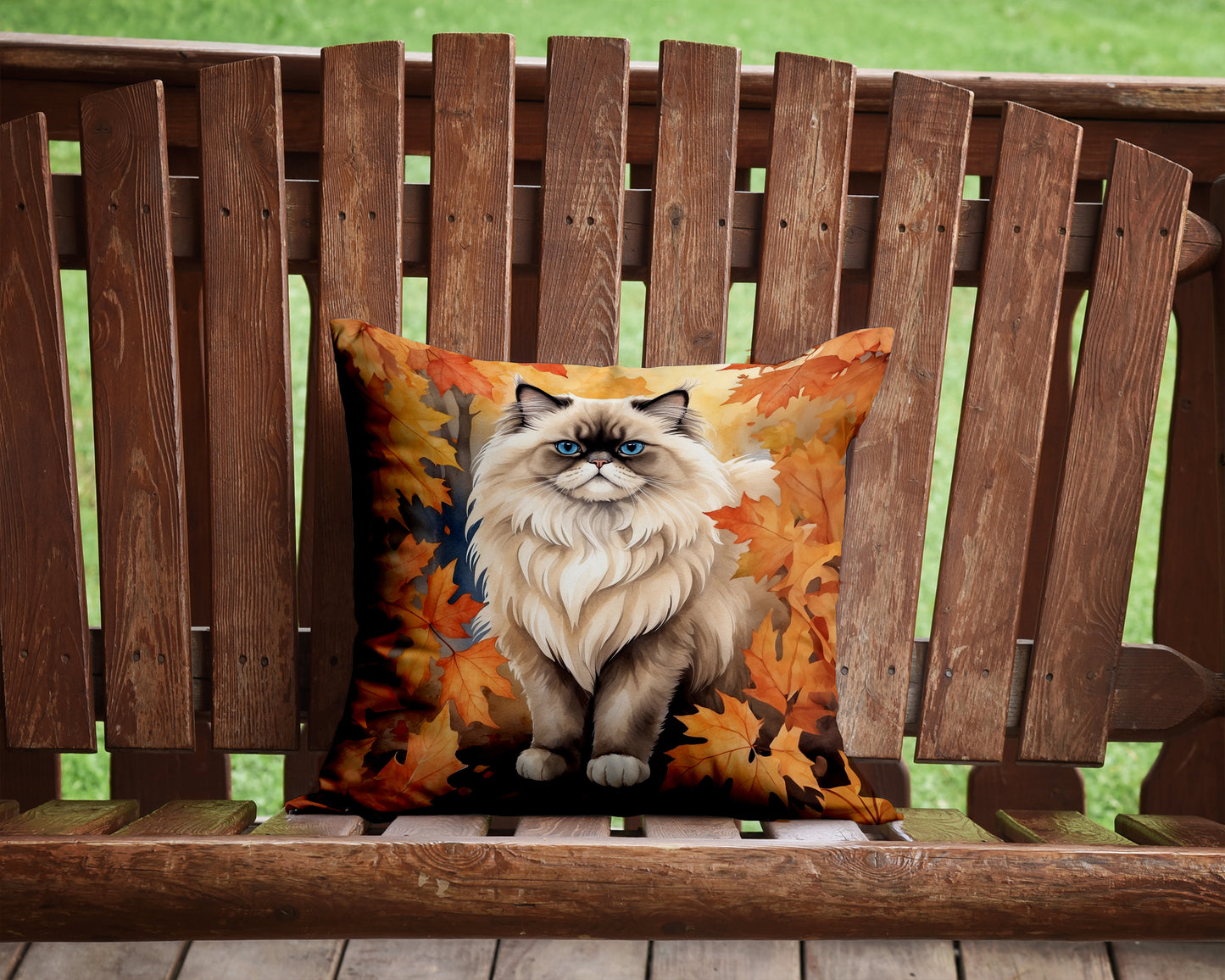 Colorpoint Longhair Cat in Fall Leaves Throw Pillow