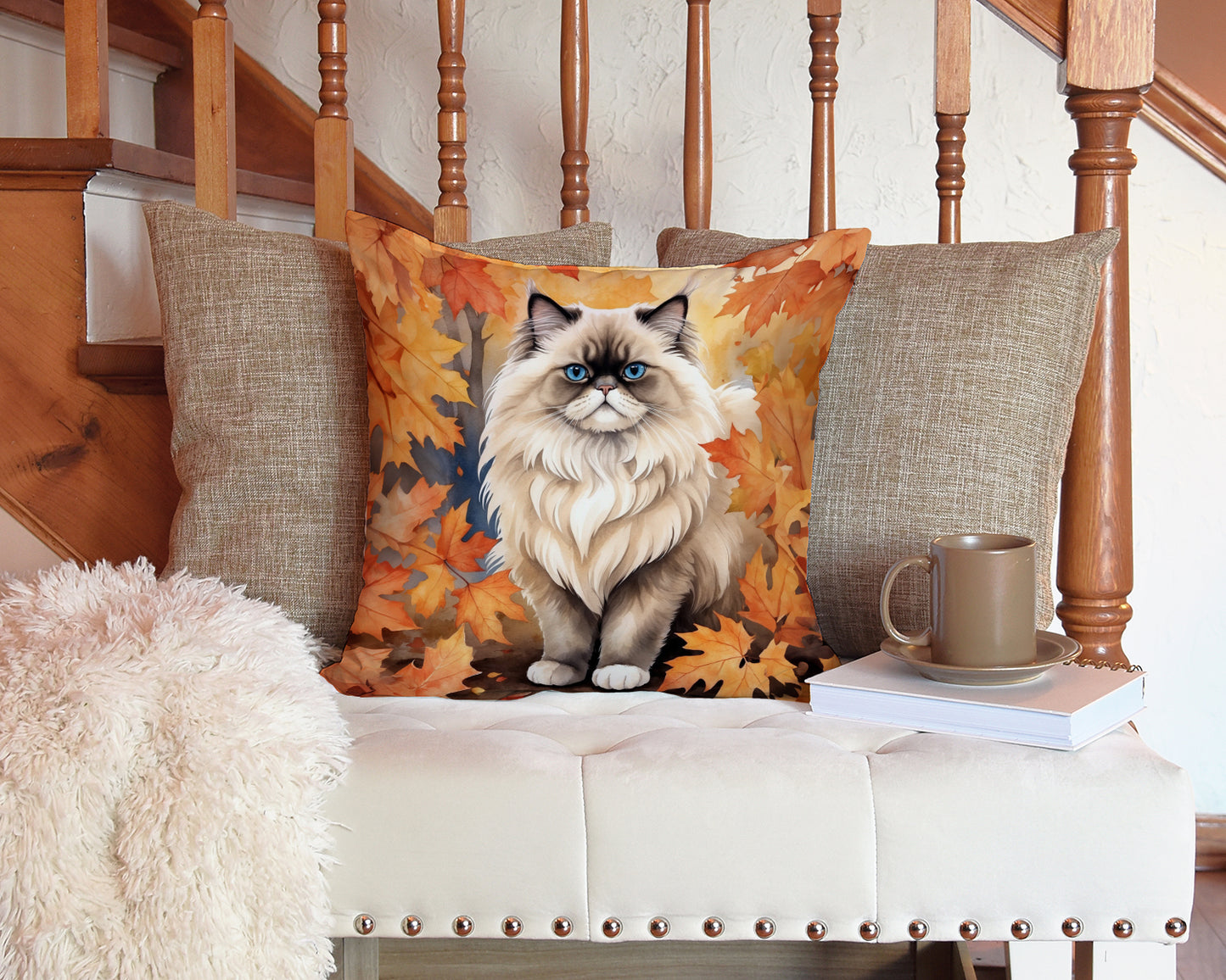 Colorpoint Longhair Cat in Fall Leaves Throw Pillow