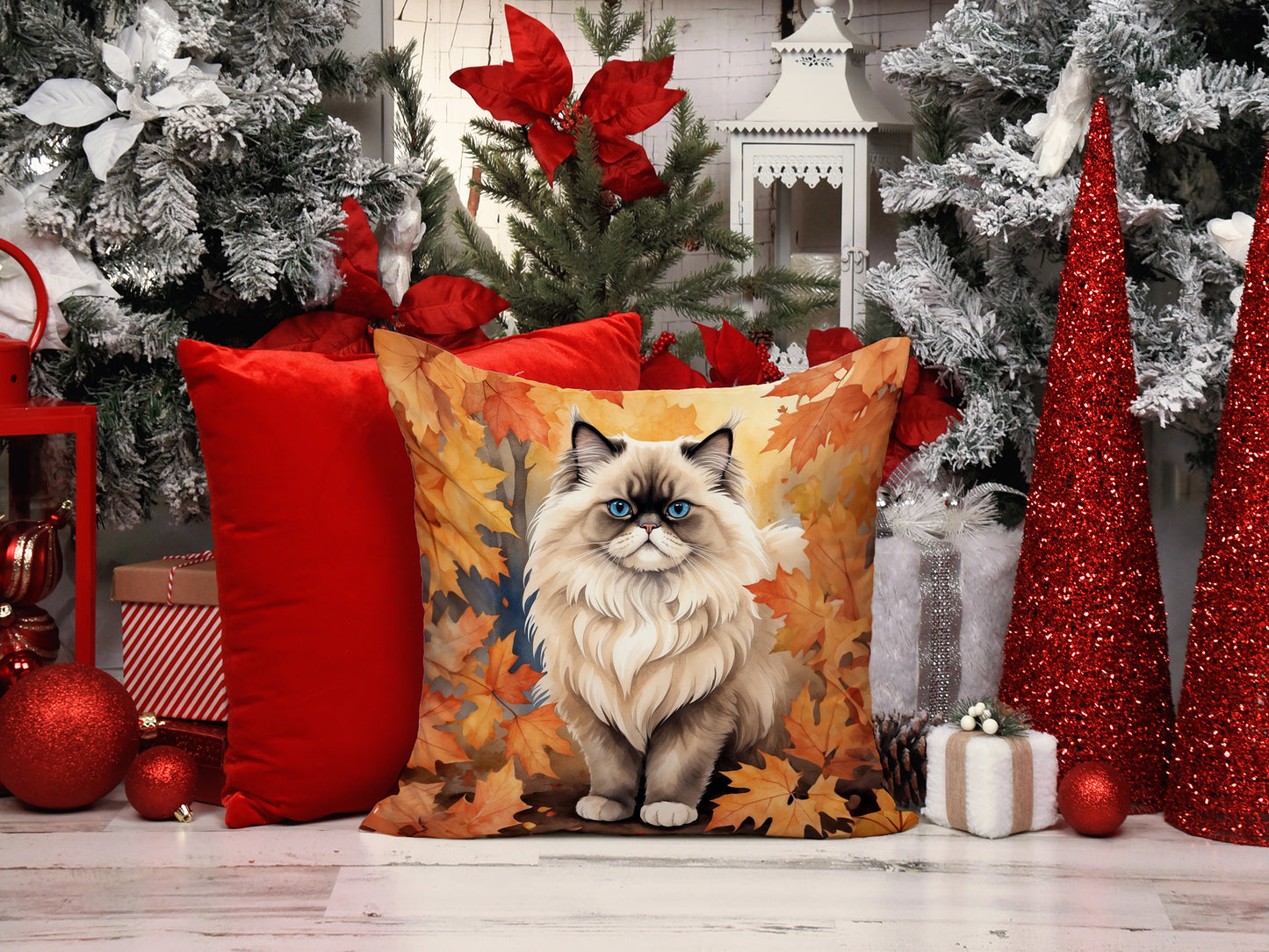 Colorpoint Longhair Cat in Fall Leaves Throw Pillow