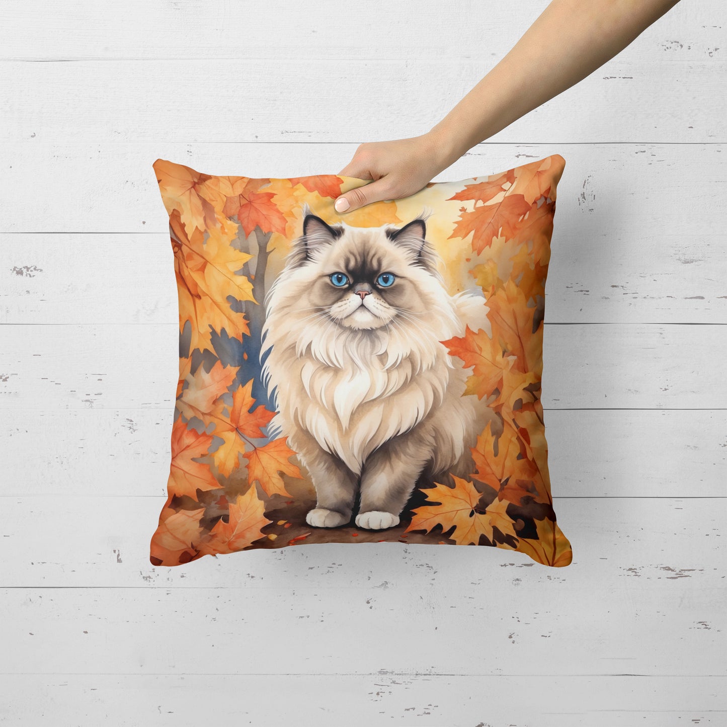 Colorpoint Longhair Cat in Fall Leaves Throw Pillow