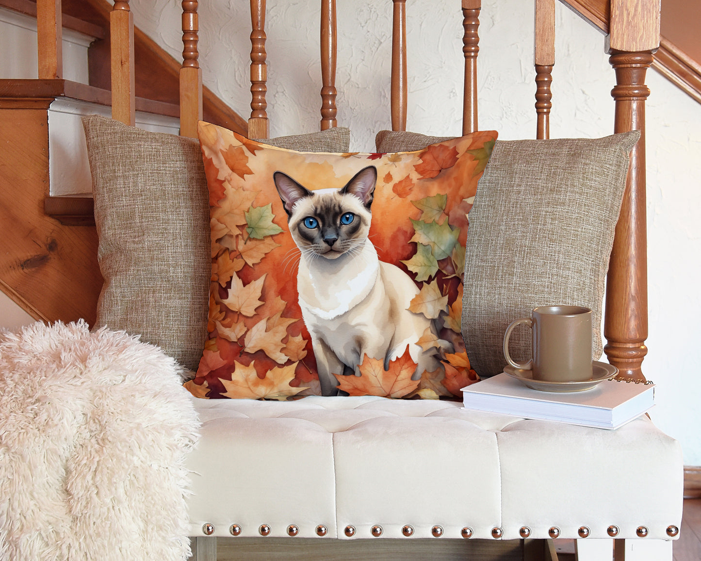 Colorpoint Shorthair Cat in Fall Leaves Throw Pillow