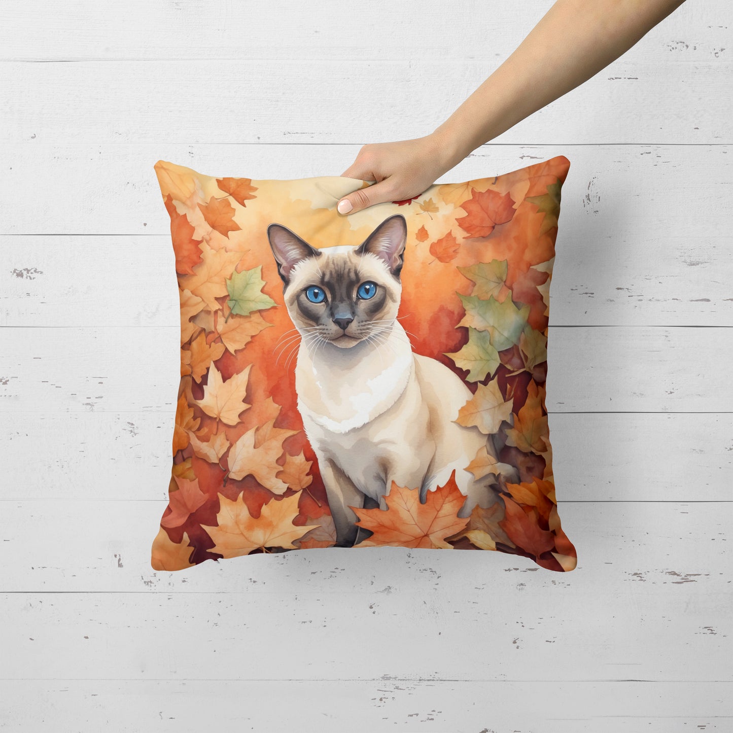 Colorpoint Shorthair Cat in Fall Leaves Throw Pillow