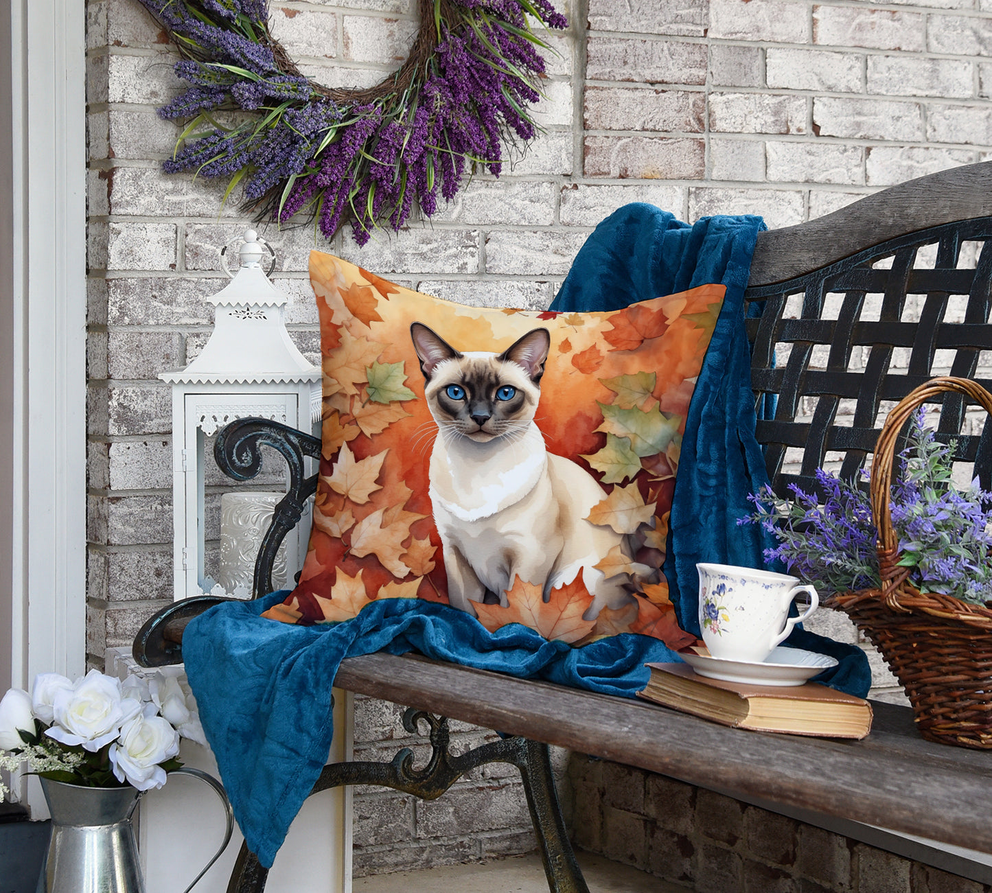 Colorpoint Shorthair Cat in Fall Leaves Throw Pillow