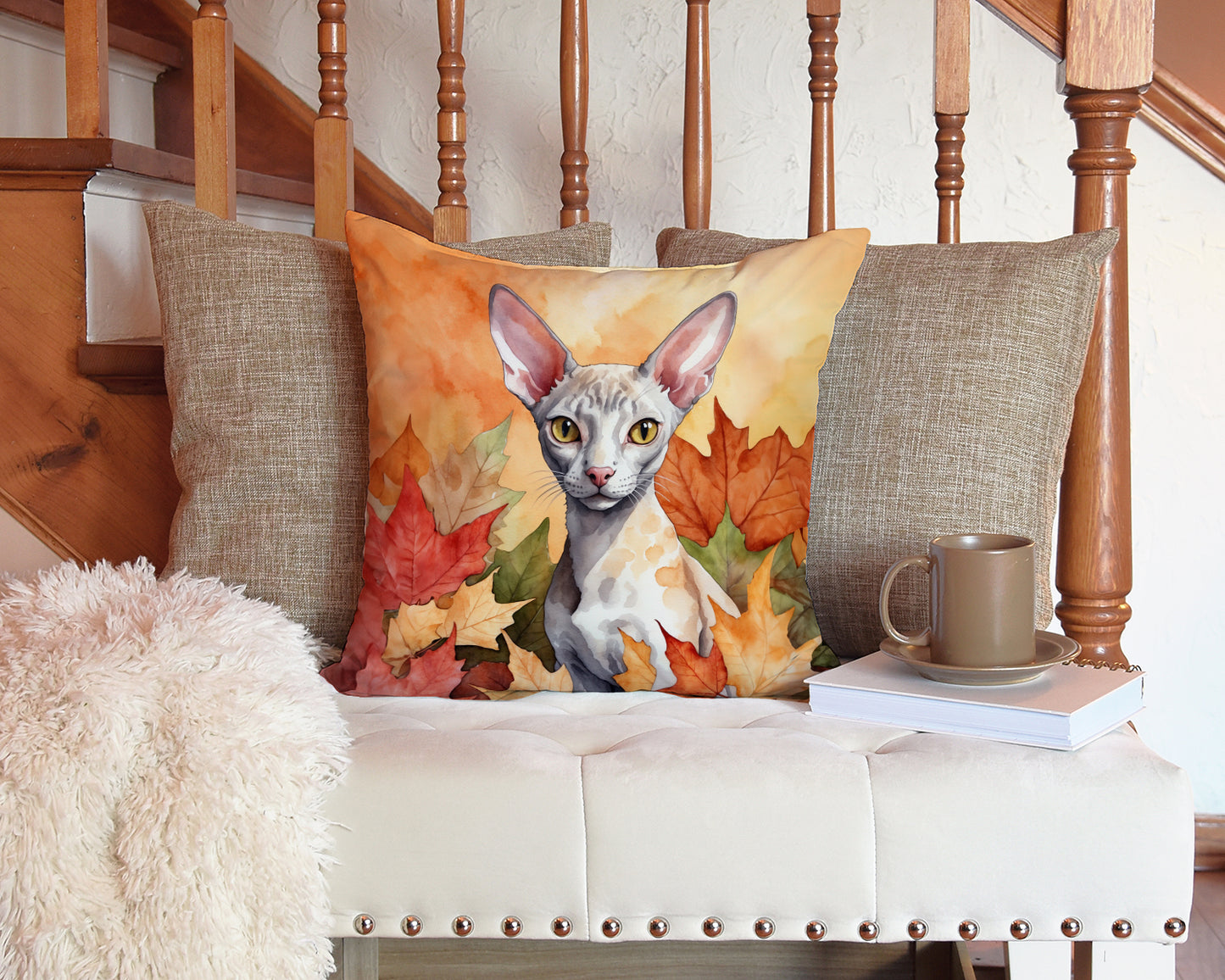 Cornish Rex Cat in Fall Leaves Throw Pillow