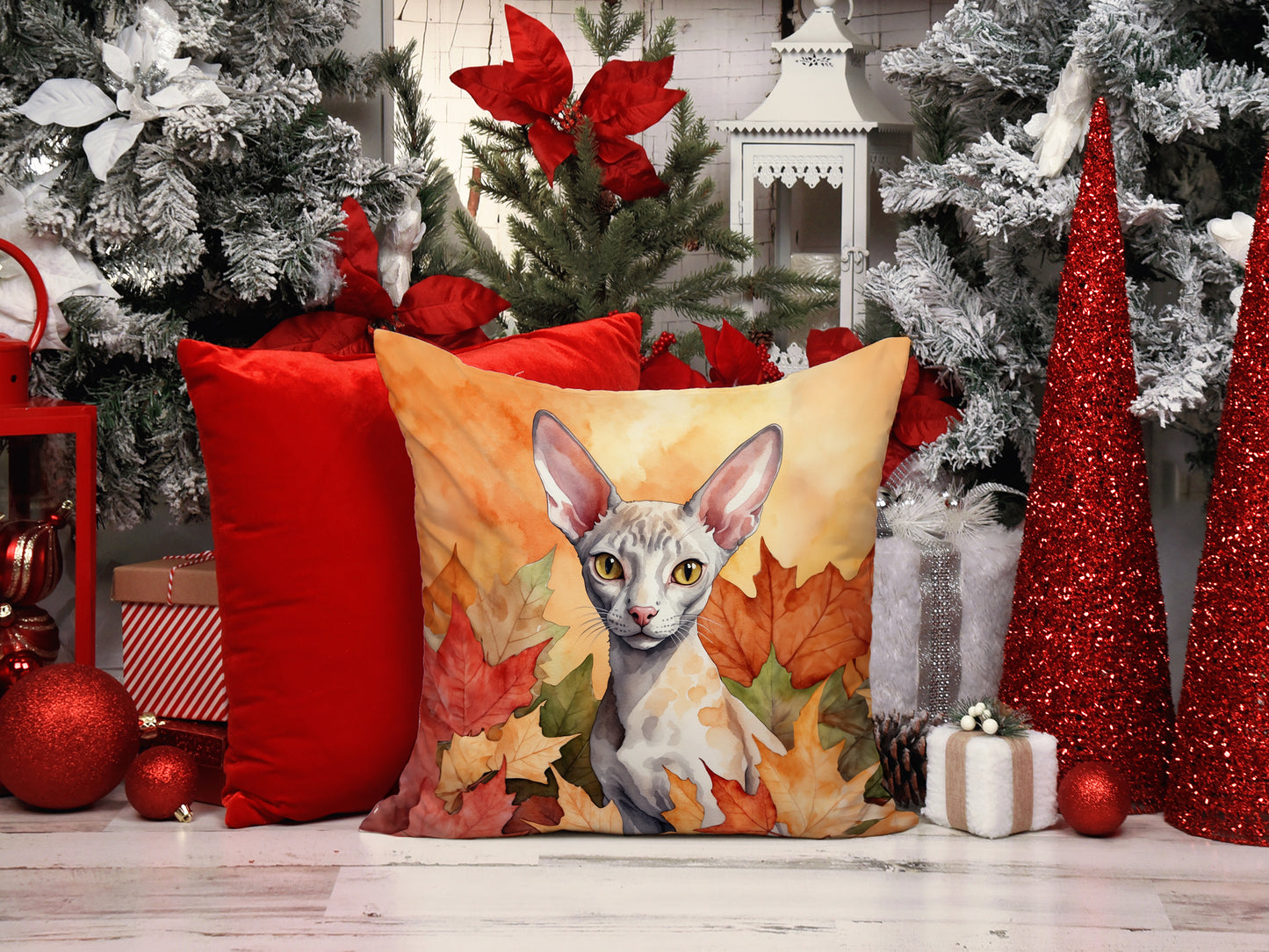 Cornish Rex Cat in Fall Leaves Throw Pillow