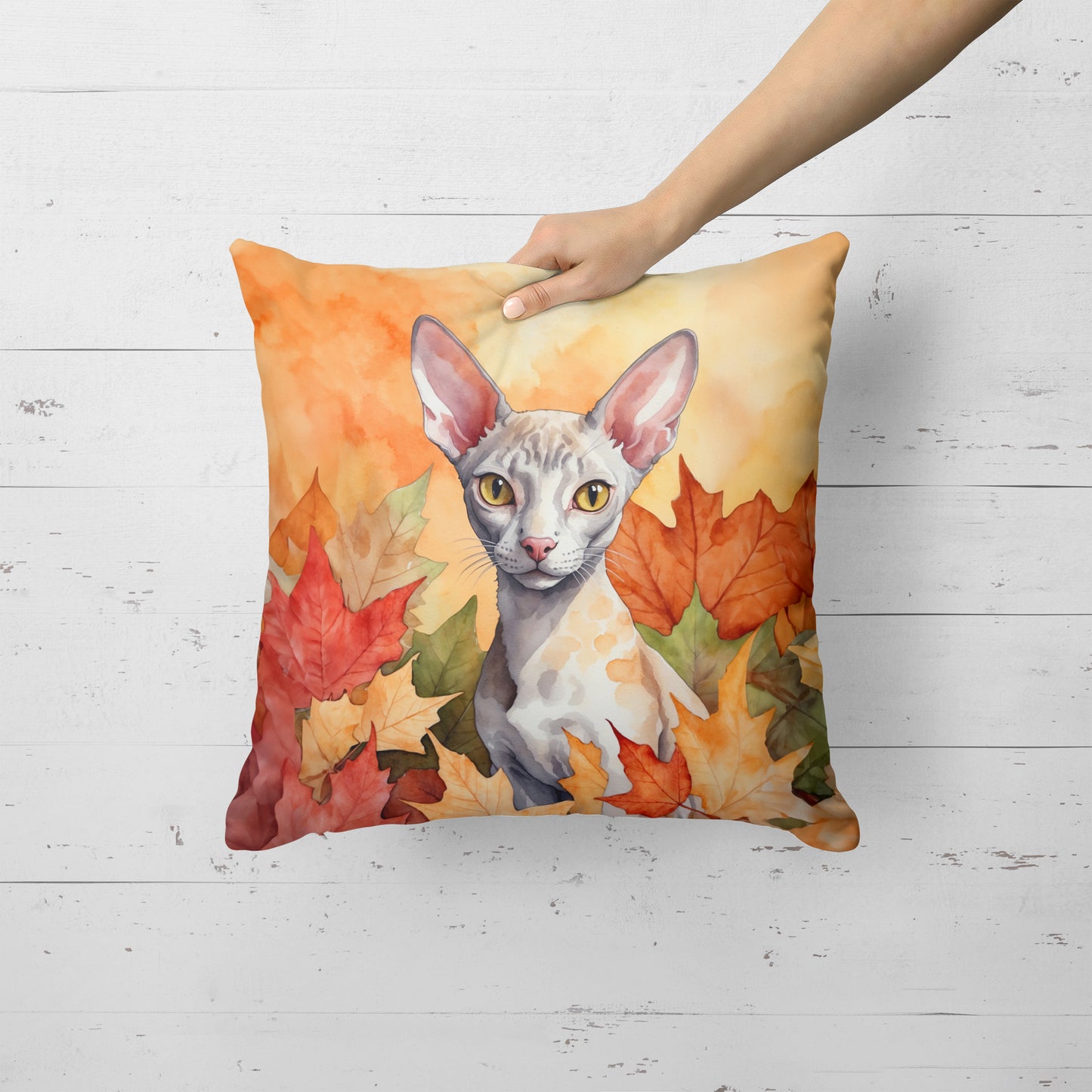 Cornish Rex Cat in Fall Leaves Throw Pillow