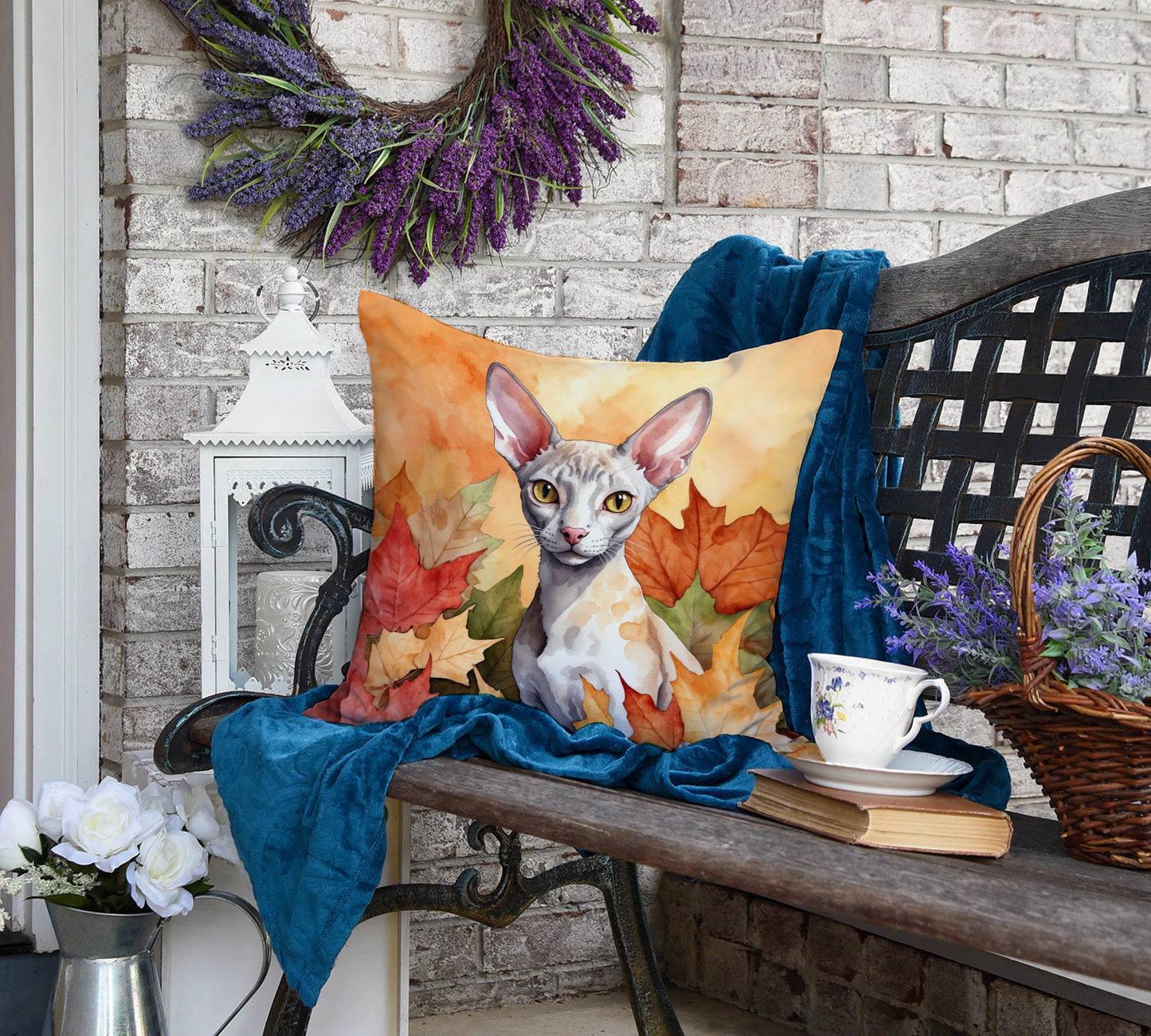 Cornish Rex Cat in Fall Leaves Throw Pillow