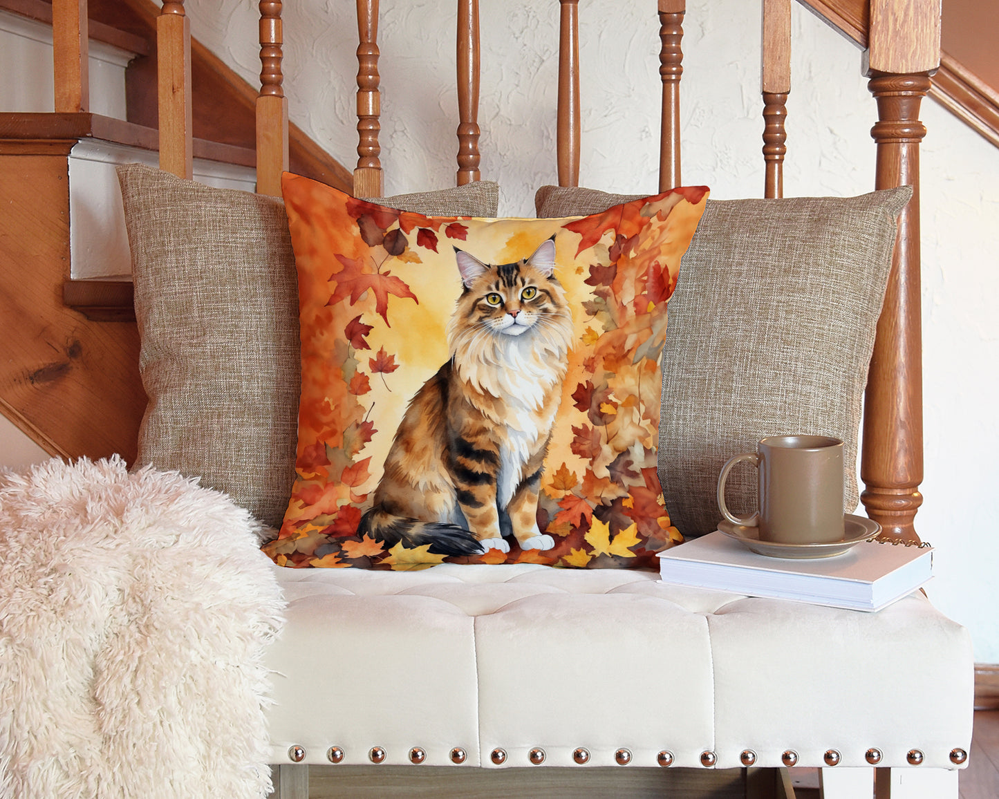 Cymric Cat in Fall Leaves Throw Pillow