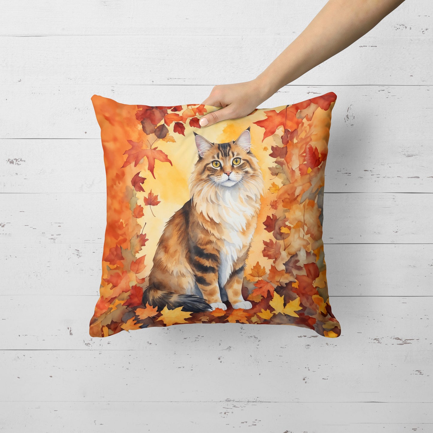 Cymric Cat in Fall Leaves Throw Pillow