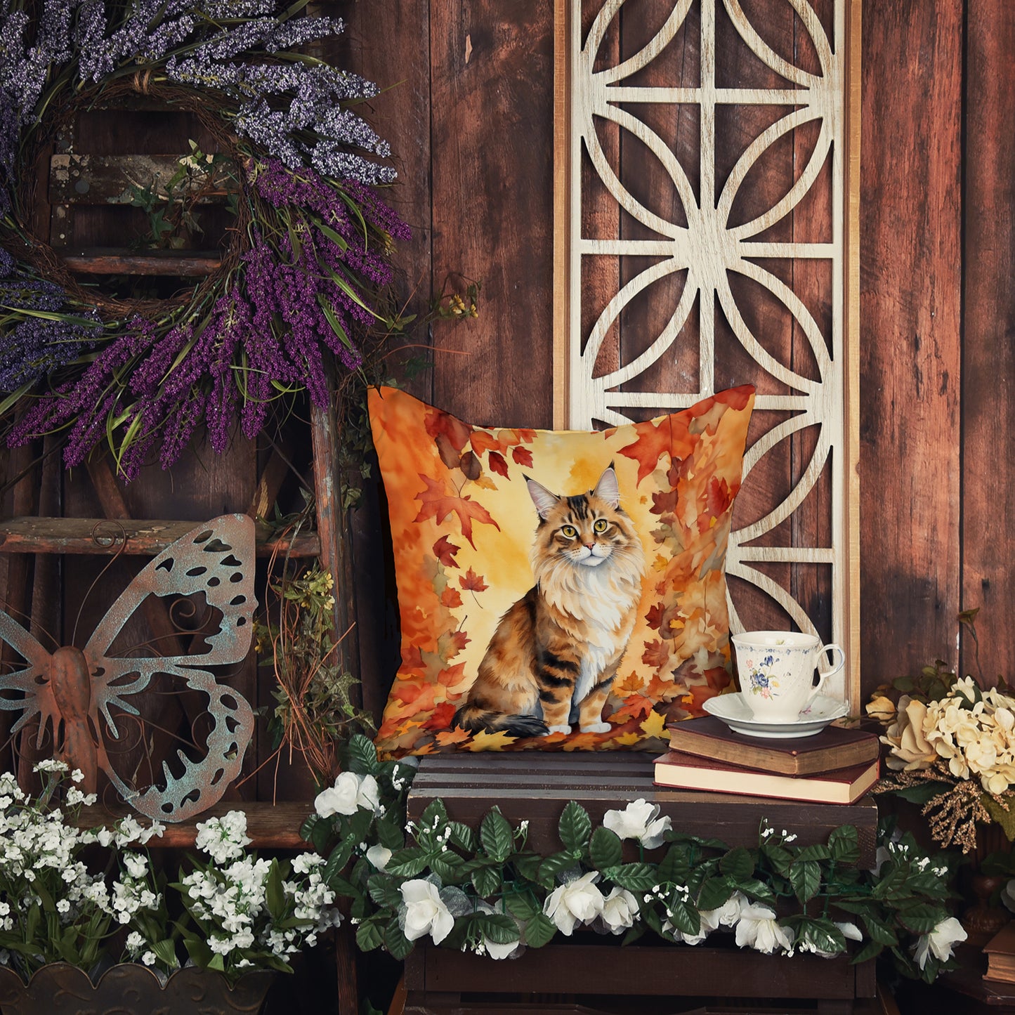 Cymric Cat in Fall Leaves Throw Pillow