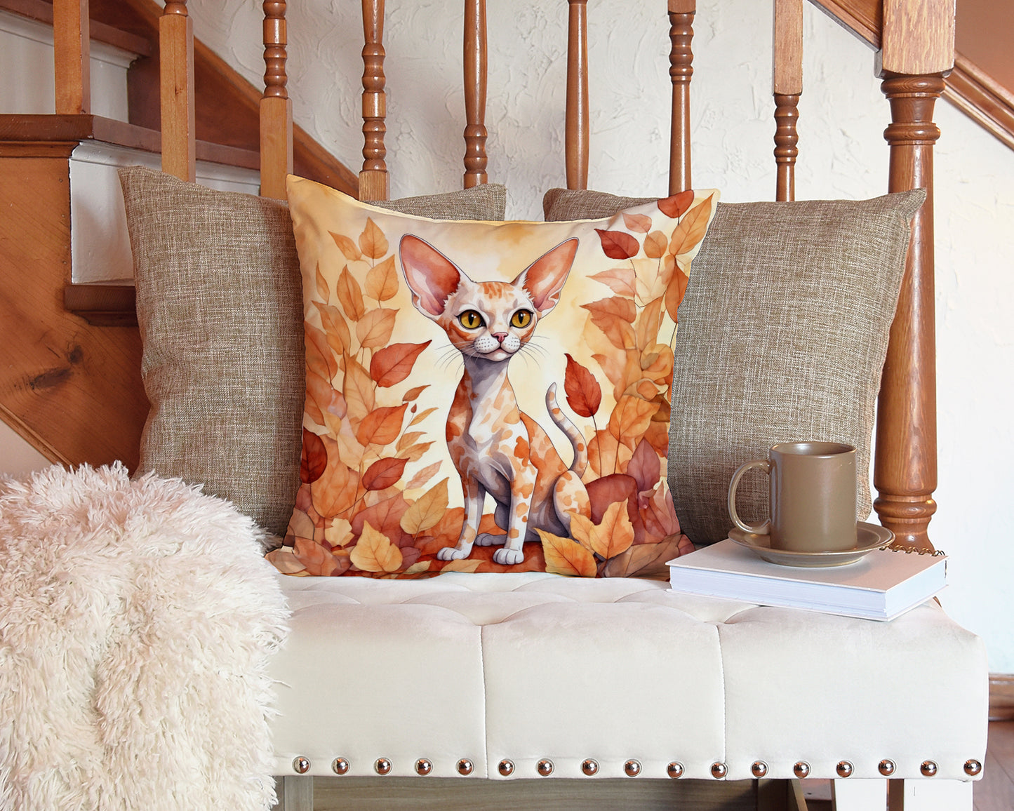 Devon Rex Cat in Fall Leaves Throw Pillow