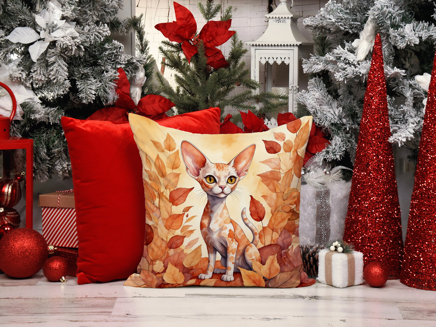 Devon Rex Cat in Fall Leaves Throw Pillow