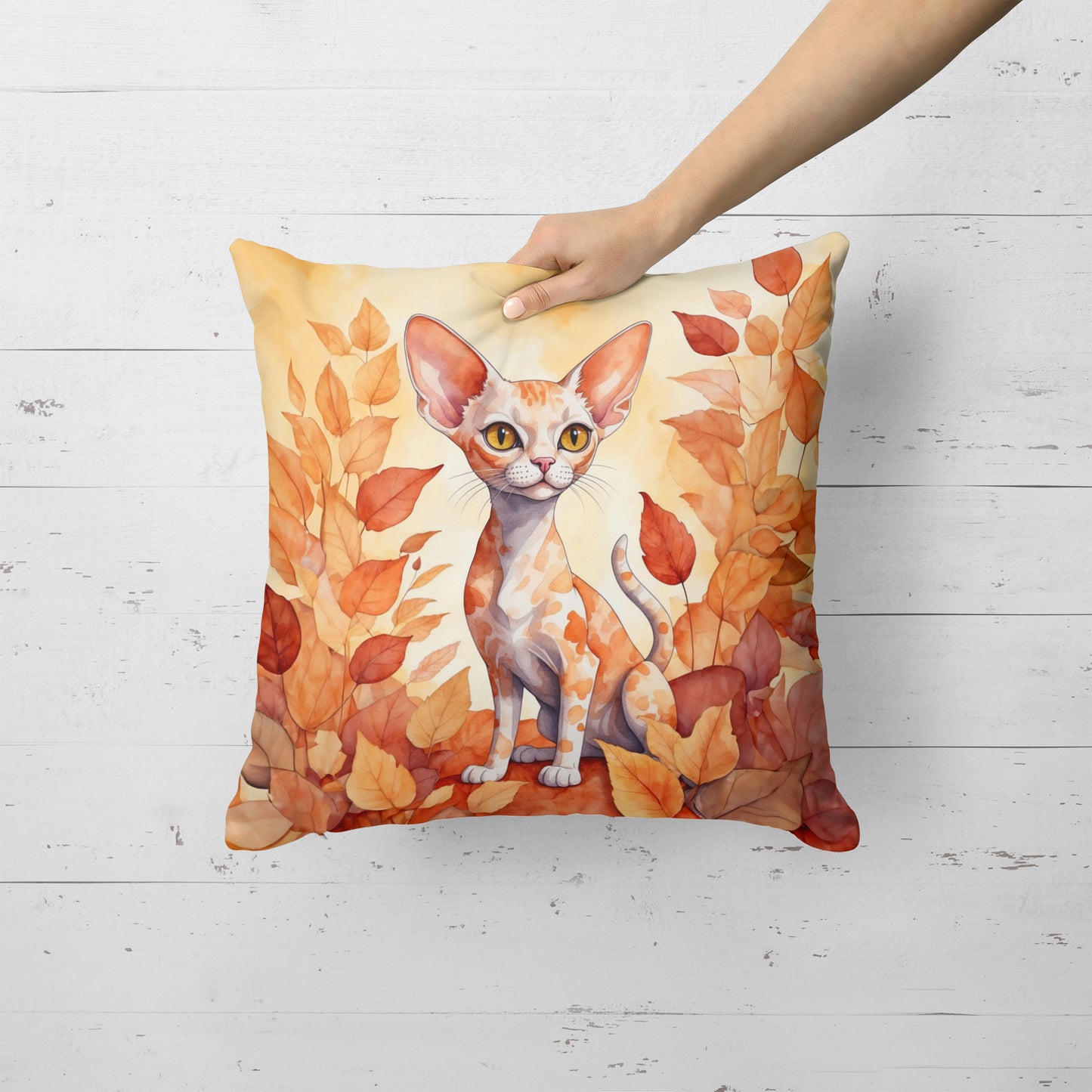 Devon Rex Cat in Fall Leaves Throw Pillow