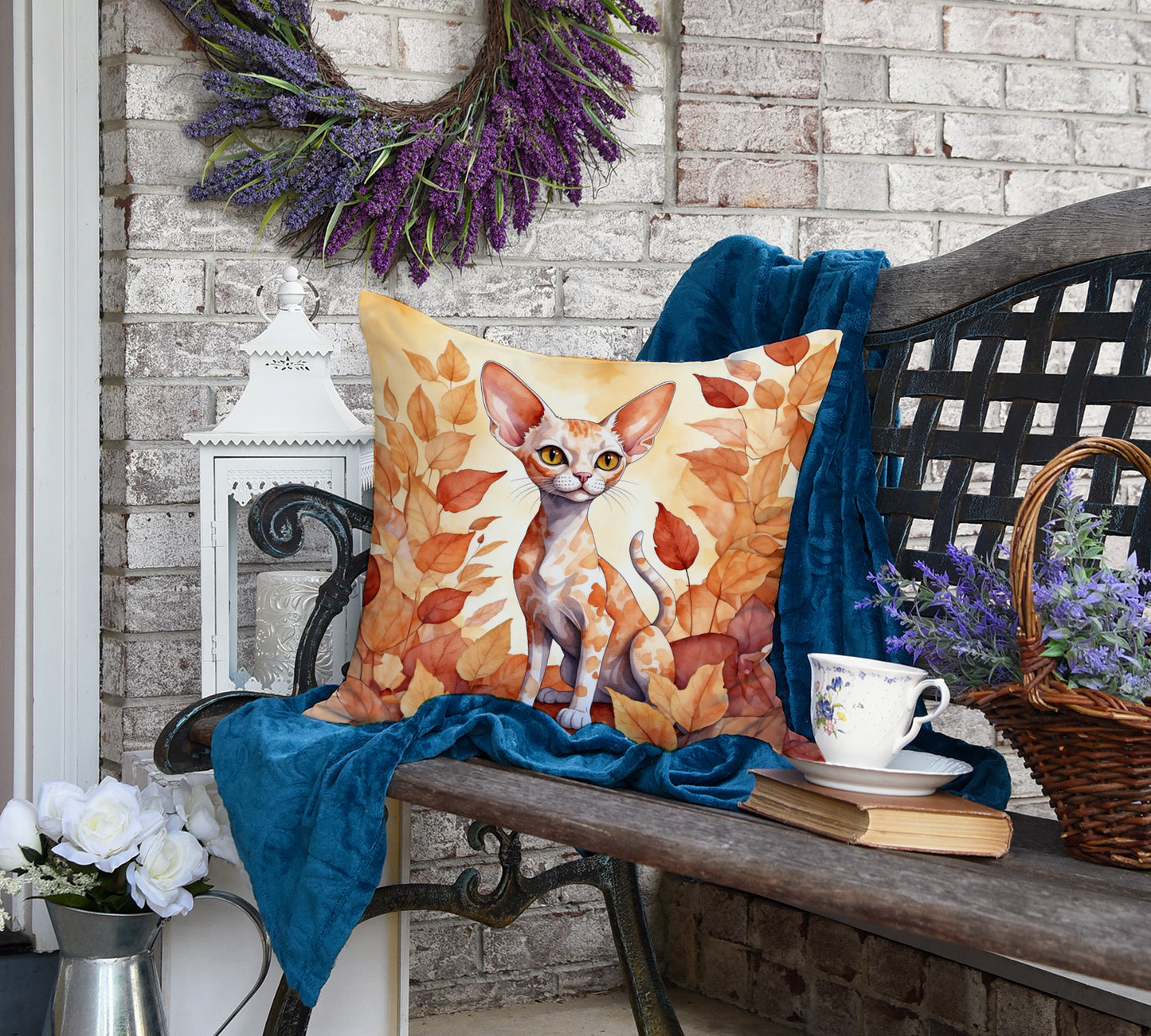 Devon Rex Cat in Fall Leaves Throw Pillow