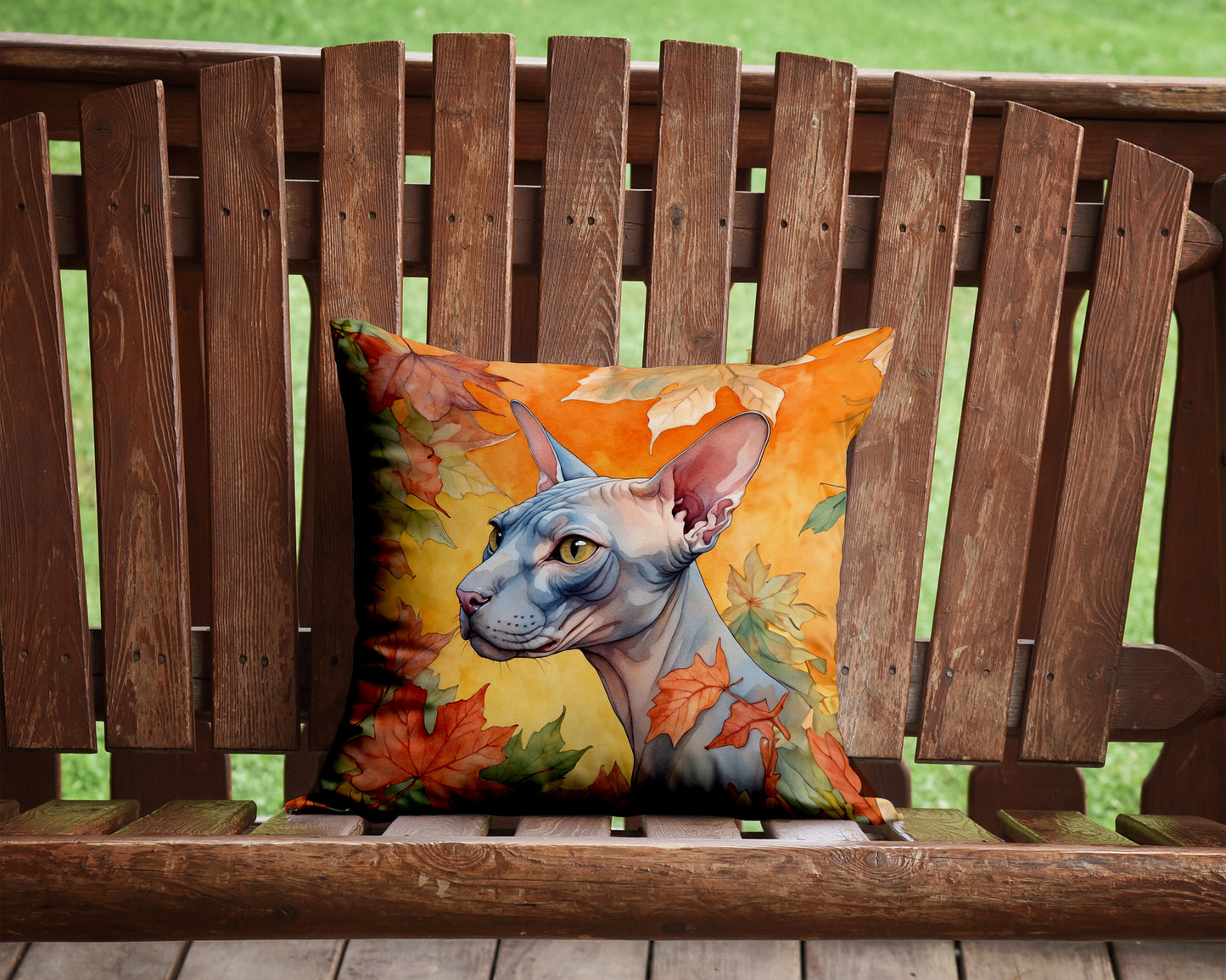 Donskoy Don Sphynx Cat in Fall Leaves Throw Pillow