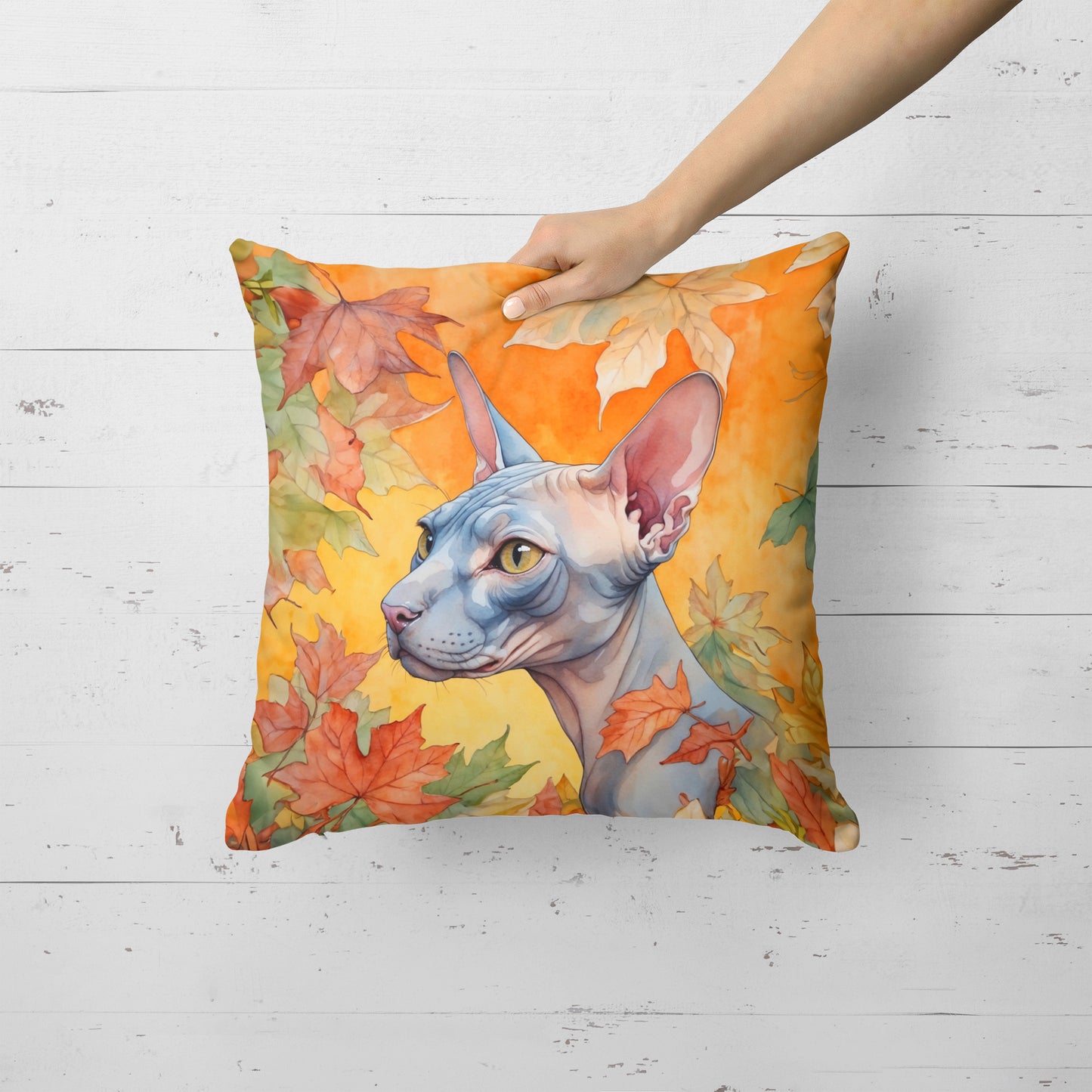 Donskoy Don Sphynx Cat in Fall Leaves Throw Pillow