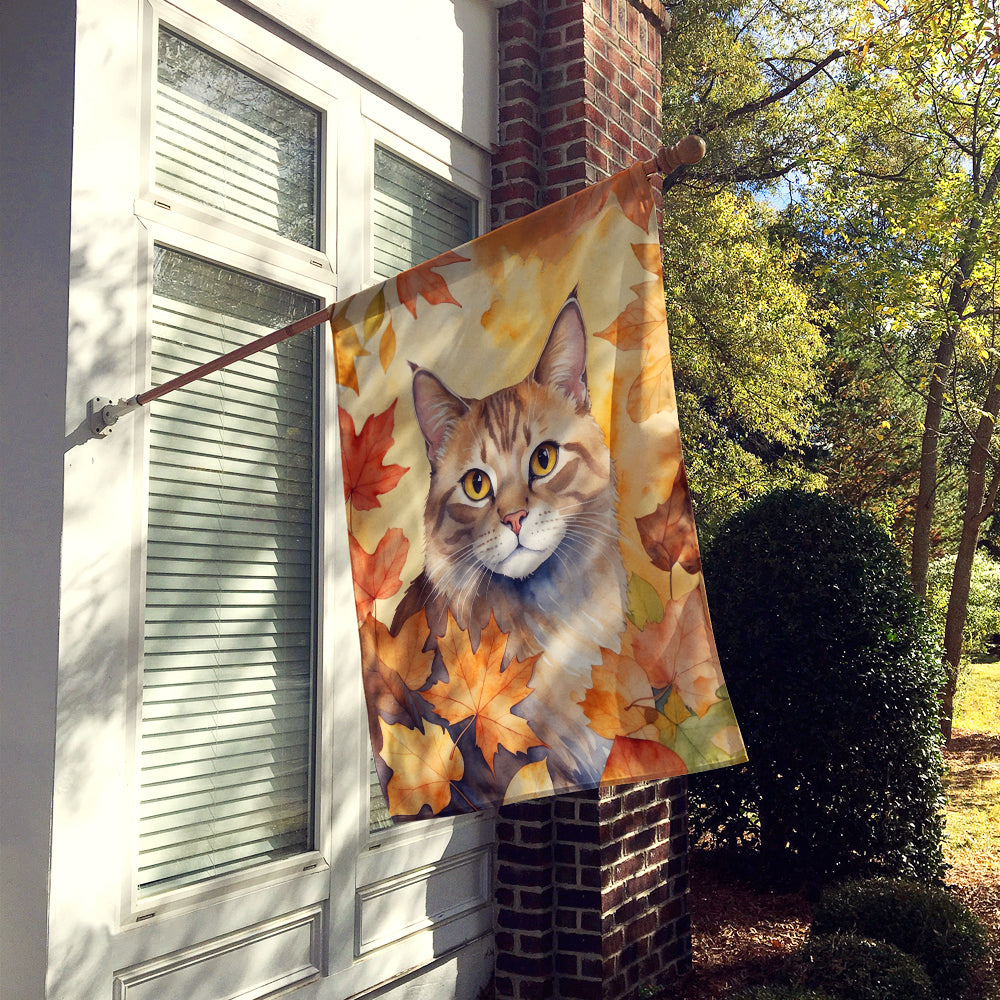 Dwelf Cat in Fall Leaves House Flag
