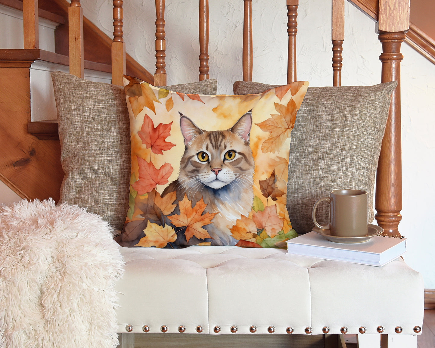 Dwelf Cat in Fall Leaves Throw Pillow