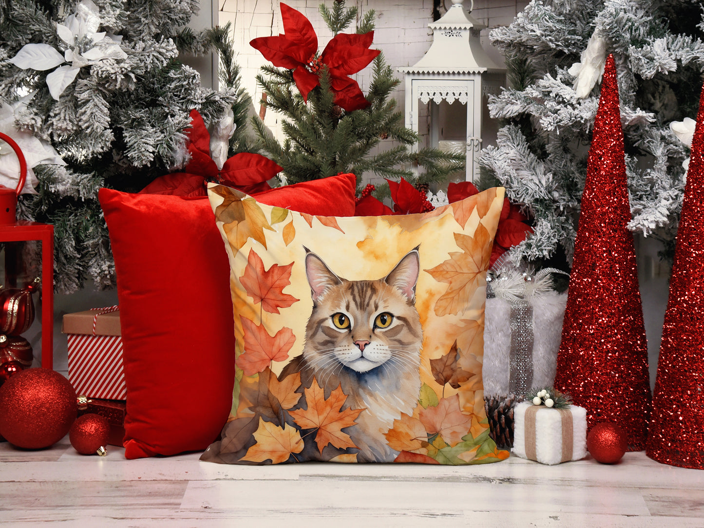 Dwelf Cat in Fall Leaves Throw Pillow