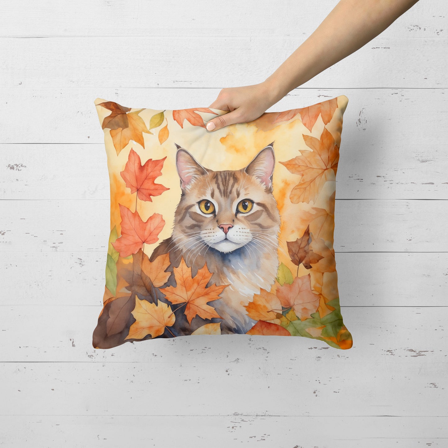 Dwelf Cat in Fall Leaves Throw Pillow