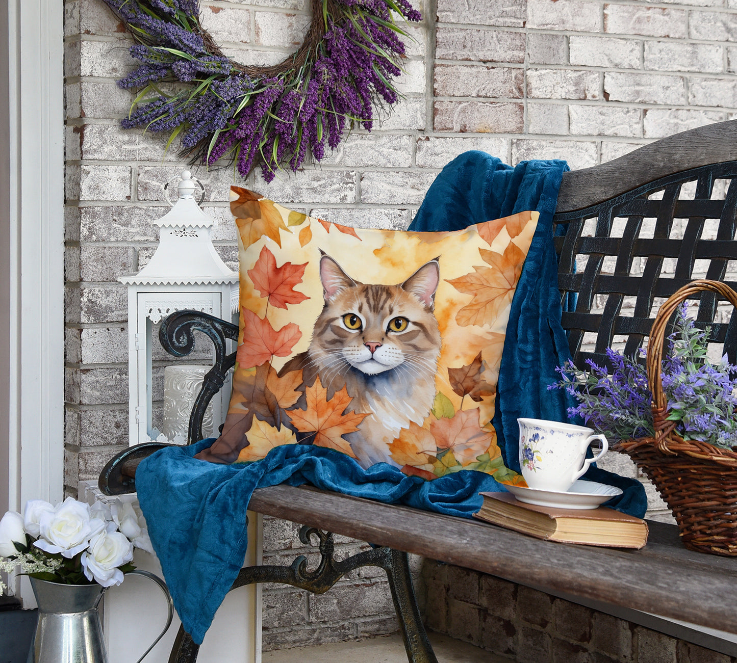 Dwelf Cat in Fall Leaves Throw Pillow