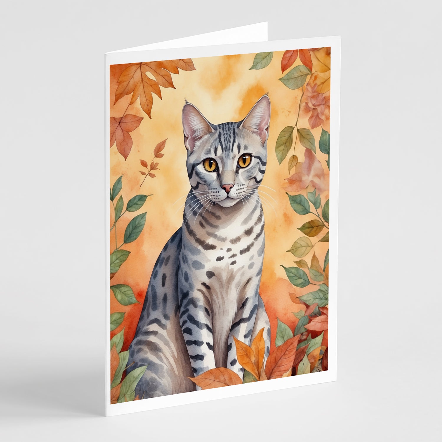 Buy this Egyptian Mau Cat in Fall Leaves Greeting Cards Pack of 8