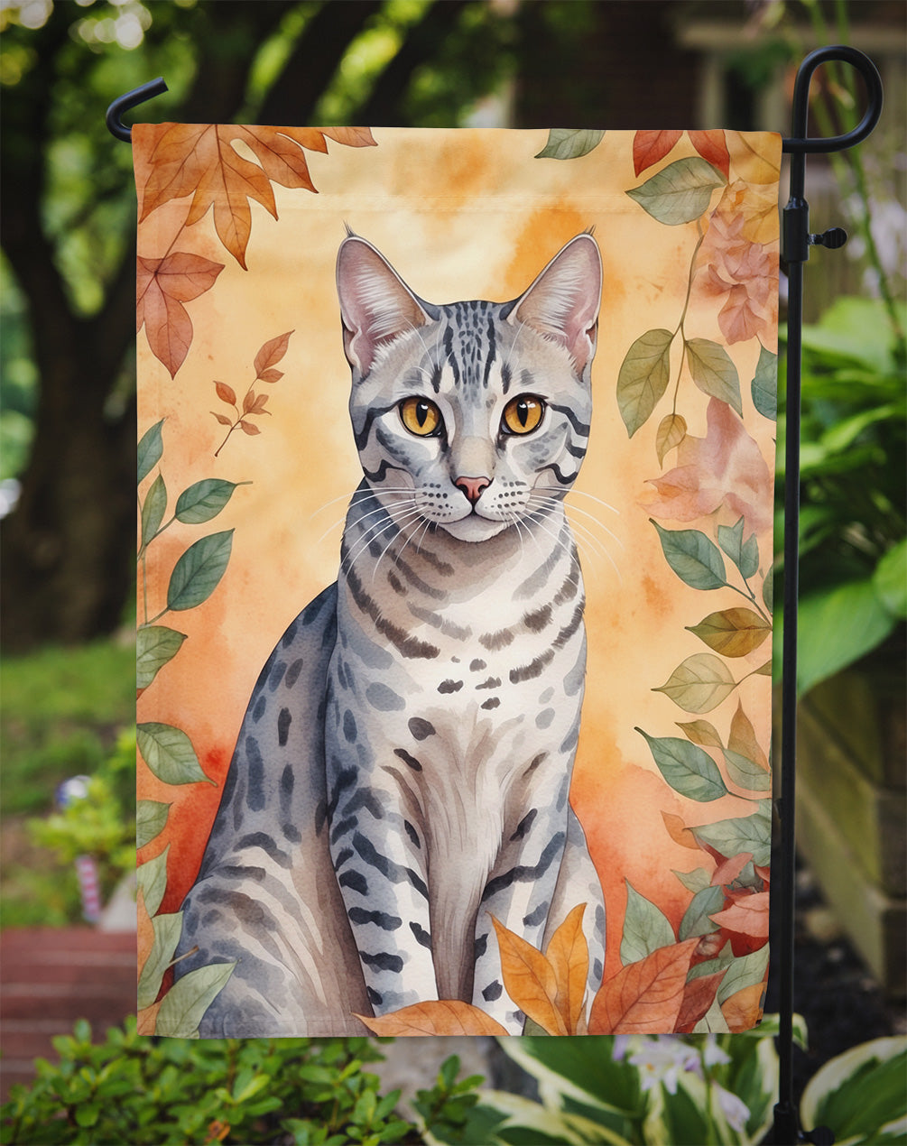 Egyptian Mau Cat in Fall Leaves Garden Flag