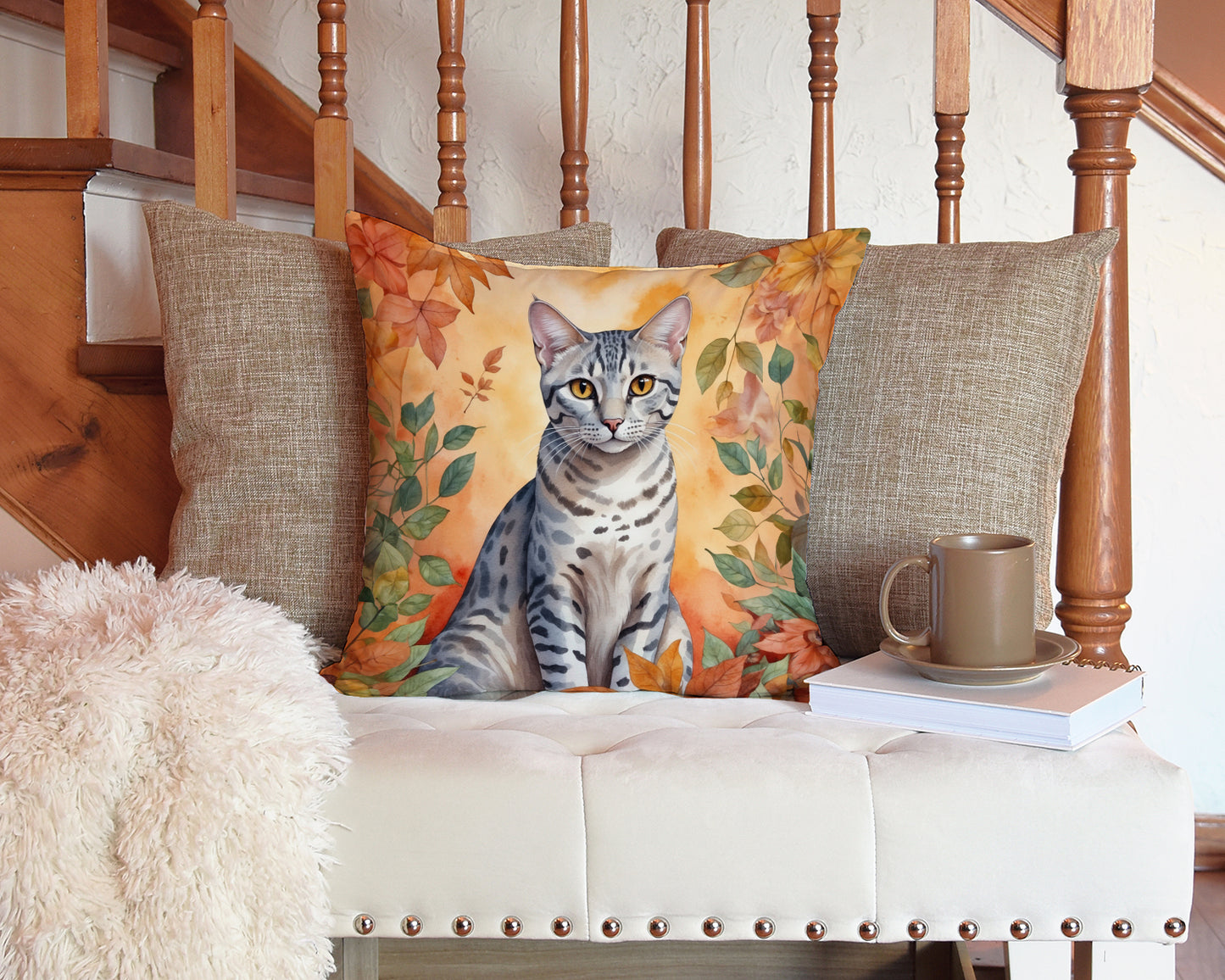 Egyptian Mau Cat in Fall Leaves Throw Pillow