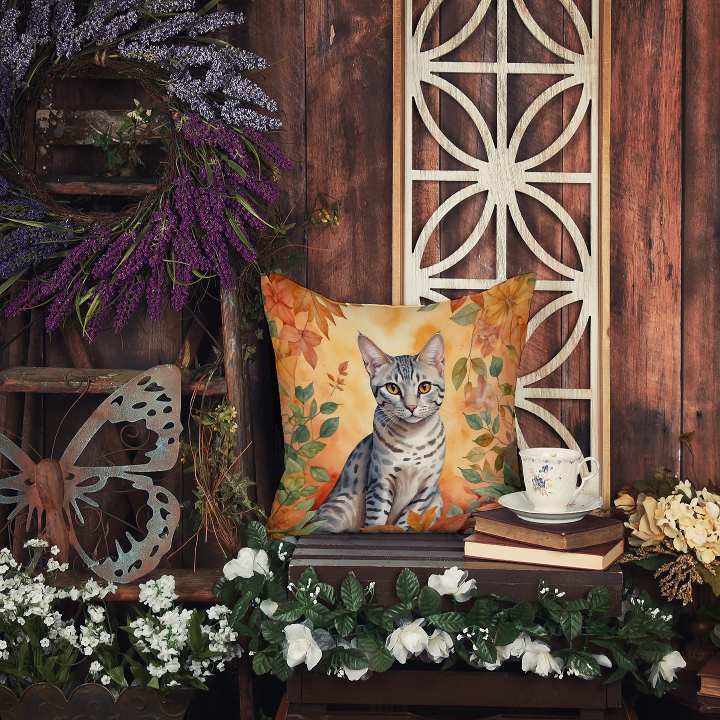 Egyptian Mau Cat in Fall Leaves Throw Pillow