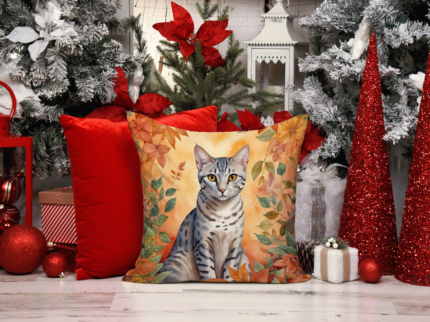 Egyptian Mau Cat in Fall Leaves Throw Pillow