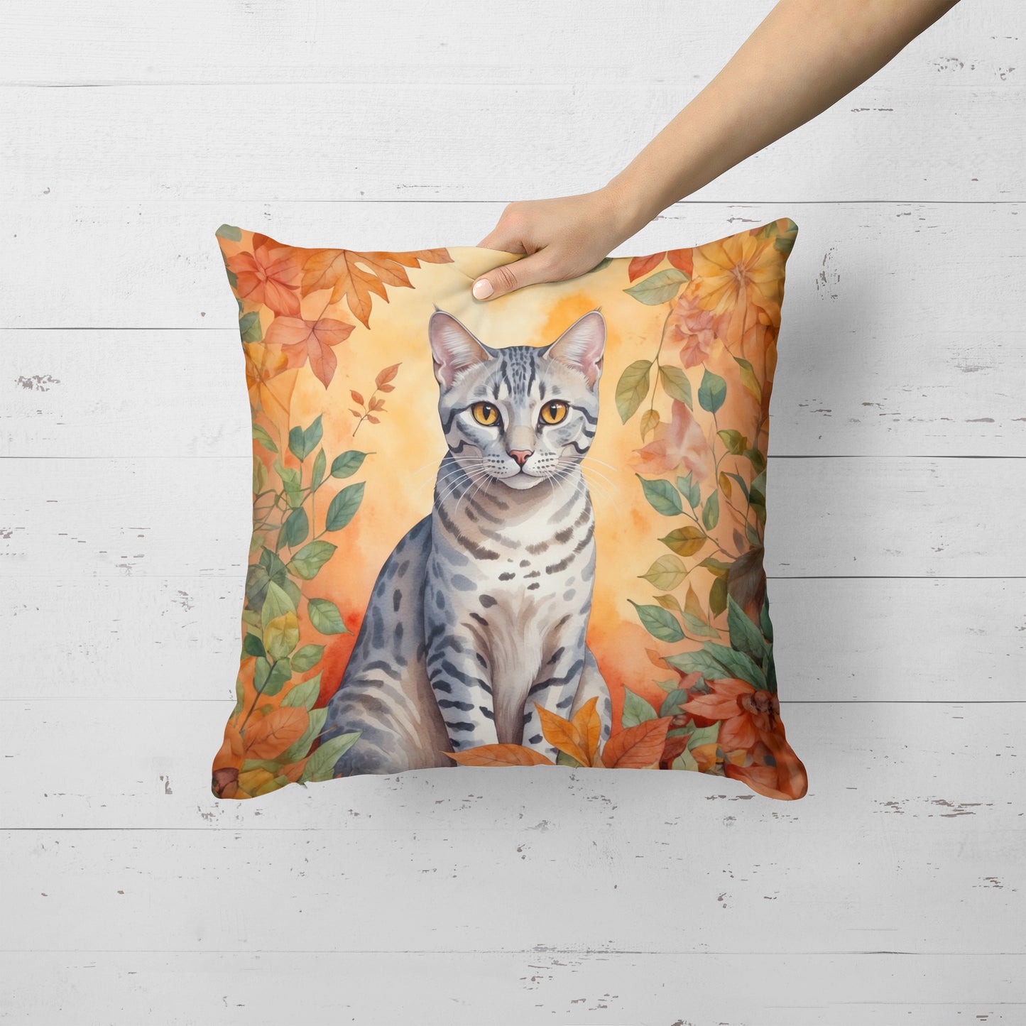 Egyptian Mau Cat in Fall Leaves Throw Pillow