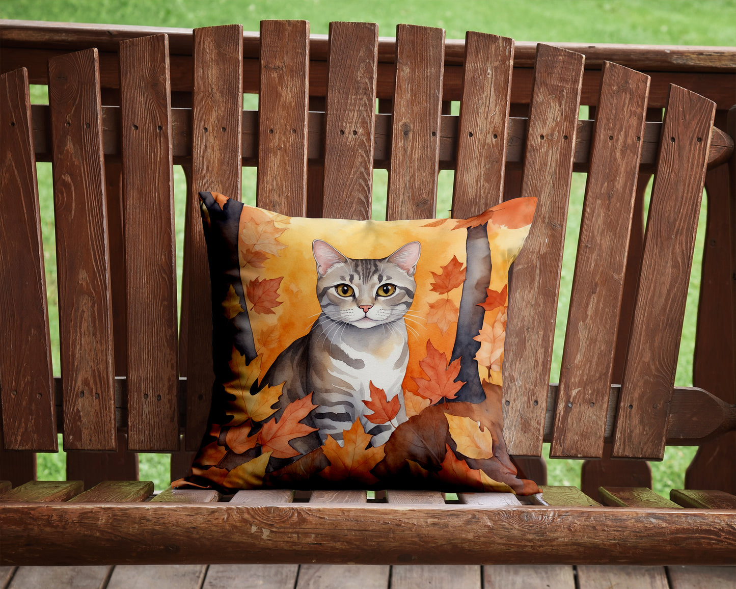 European Shorthair Cat in Fall Leaves Throw Pillow