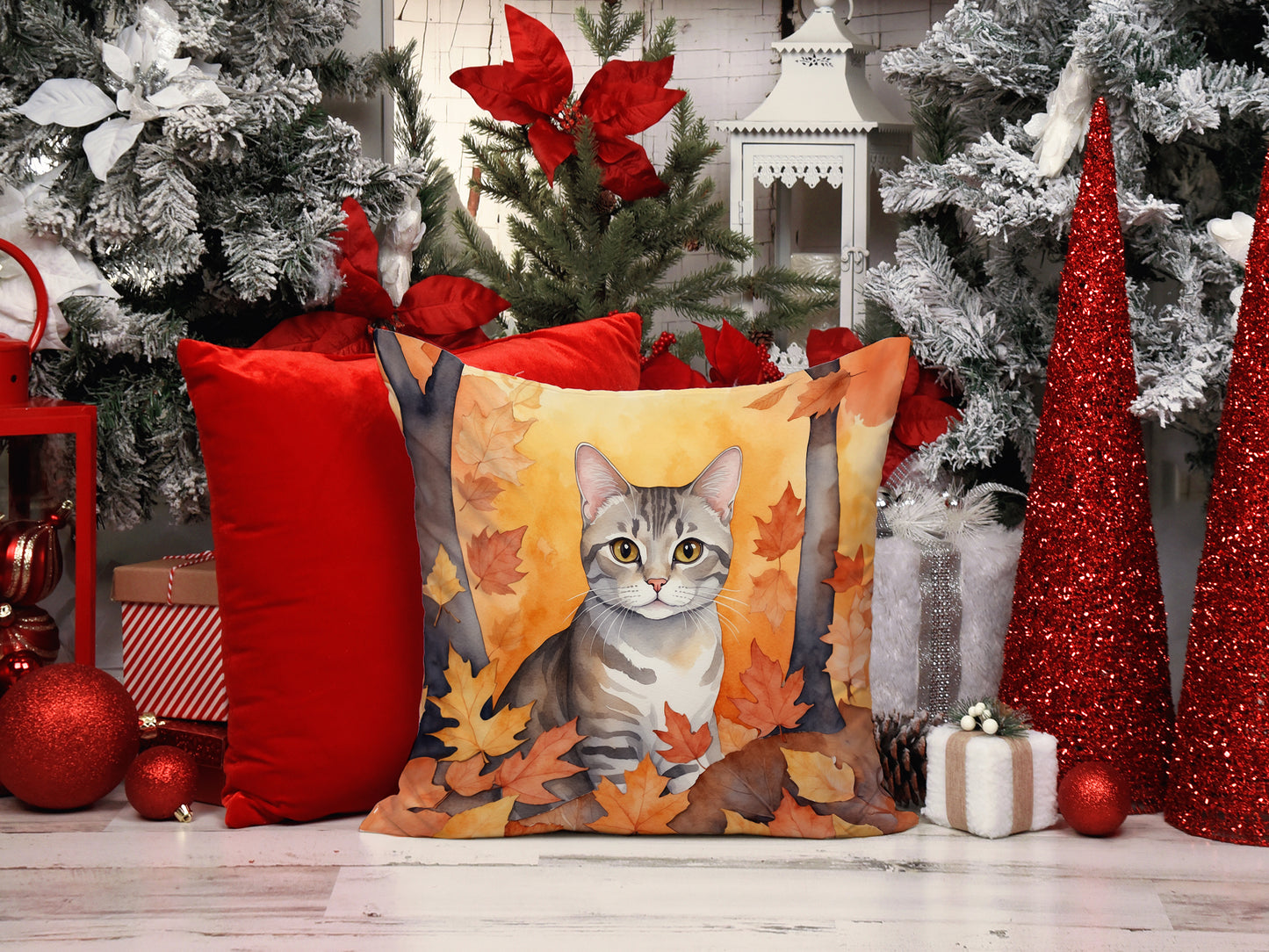 European Shorthair Cat in Fall Leaves Throw Pillow