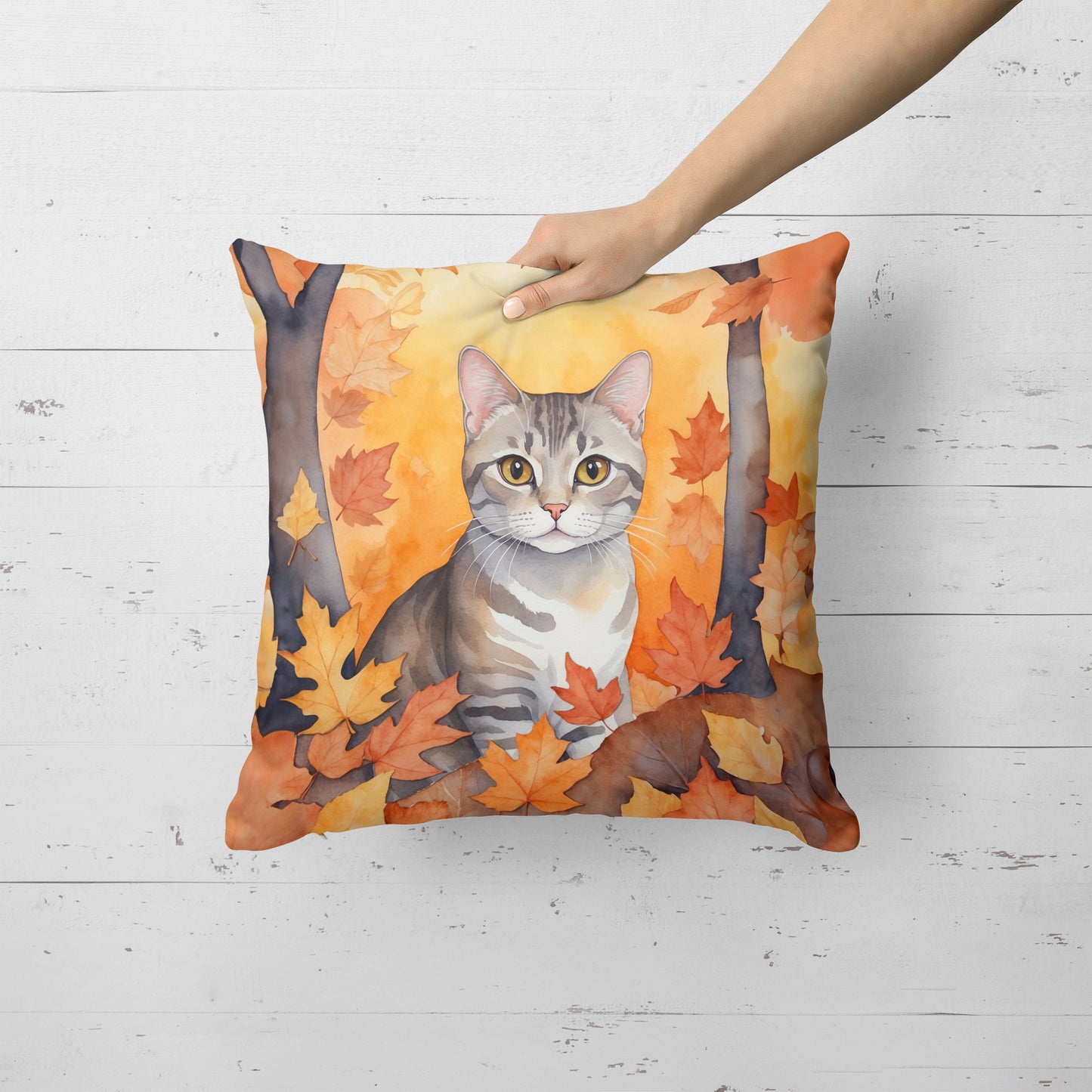 European Shorthair Cat in Fall Leaves Throw Pillow