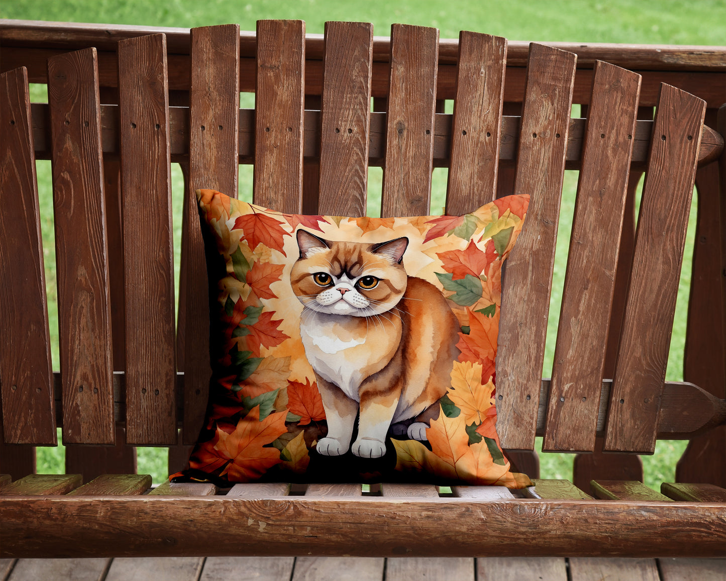 Exotic Shorthair Cat in Fall Leaves Throw Pillow